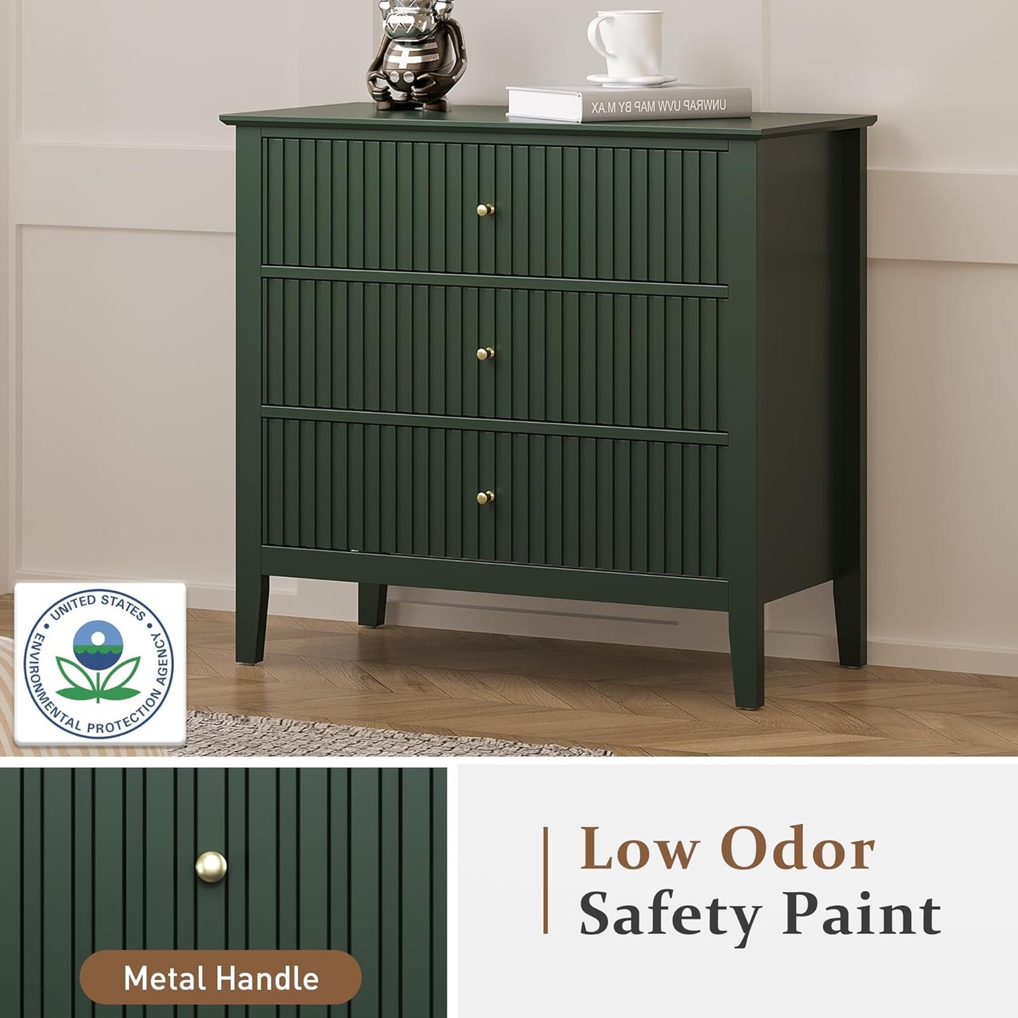 Dark Green Fluted 3 Drawer Dresser, 32 Inch Wide Dresser Nightstand for Bedroom, Modern Wood Chest of Drawers, Large Painted Nightstand with 3 Drawers for Closet, Hallway, Entryway