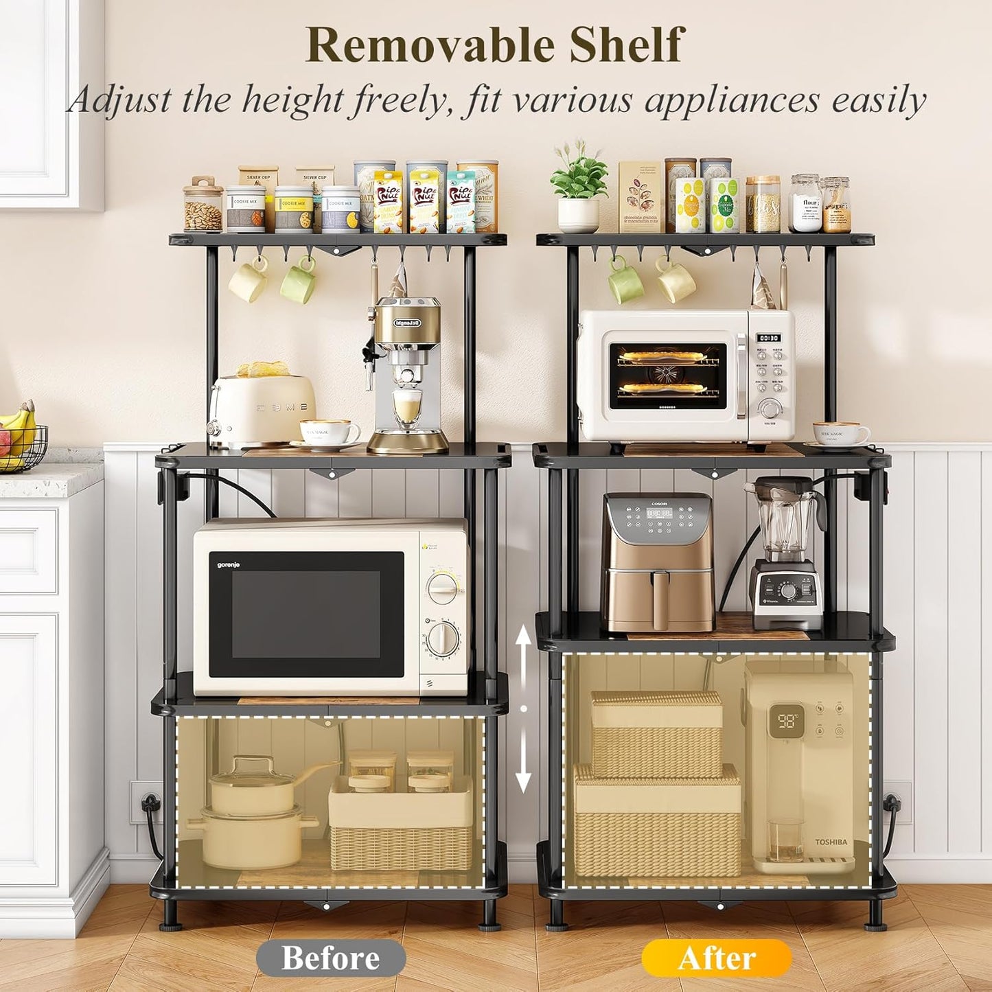 Kitchen Bakers Rack with Power Outlet - Easy & Tool-Free Assembly, Adjustable Coffee Bar Station 4 Tiers, Microwave Stand with 12 Hooks, Brown