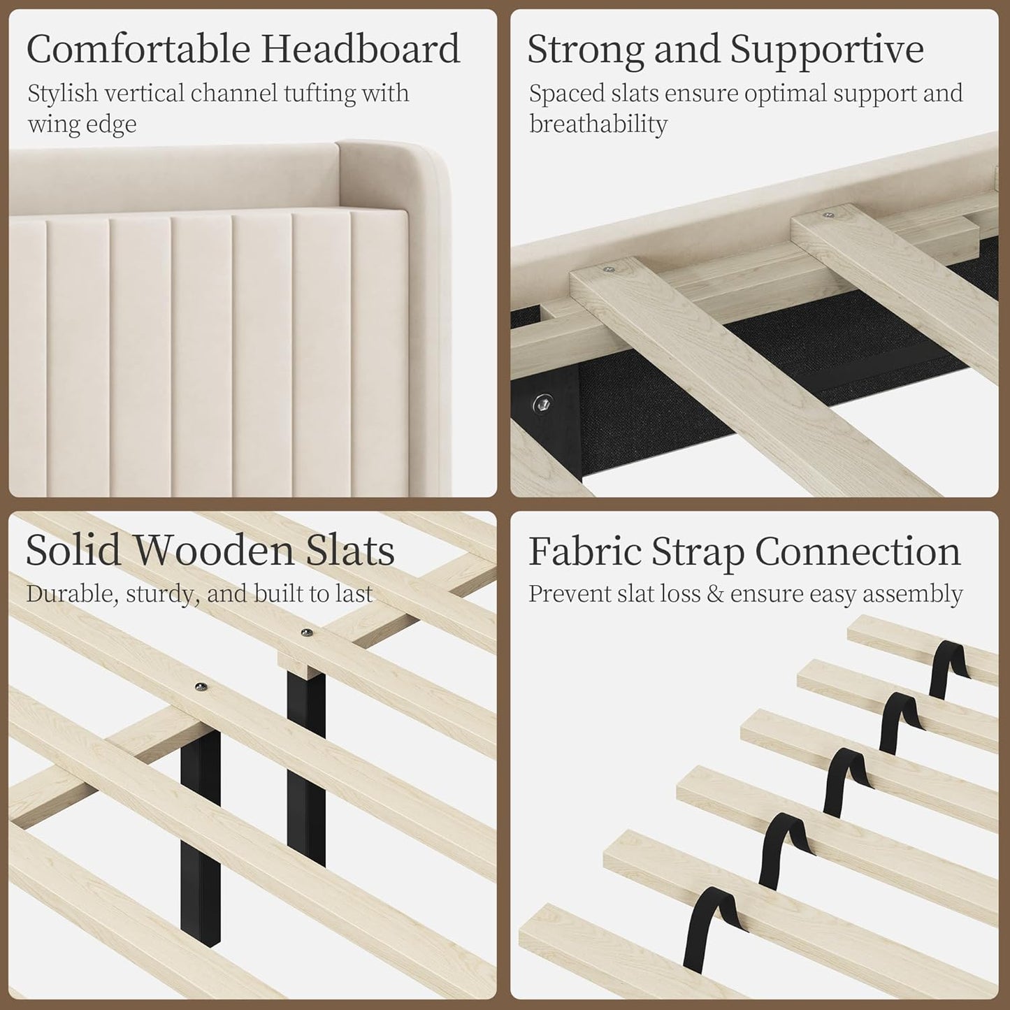 Queen Bed Frame with USB Charging Station and Storage Shelf/Upholstered Headboard Platform Bed with Wing Side/Wooden Slats Support/Noise Free/No Box Spring Needed/Easy Assembly, Ivory