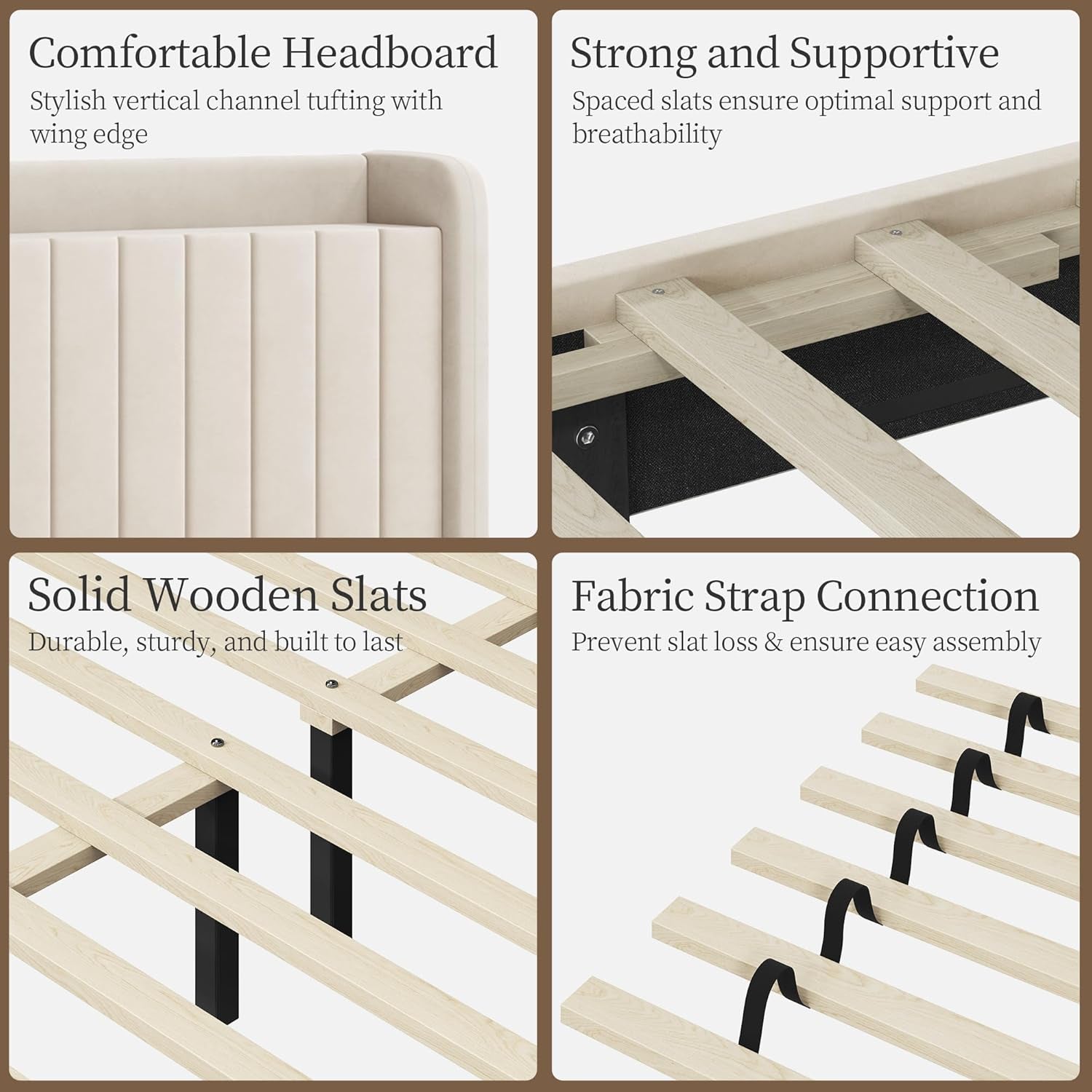 Queen Bed Frame with USB Charging Station and Storage Shelf/Upholstered Headboard Platform Bed with Wing Side/Wooden Slats Support/Noise Free/No Box Spring Needed/Easy Assembly, Ivory