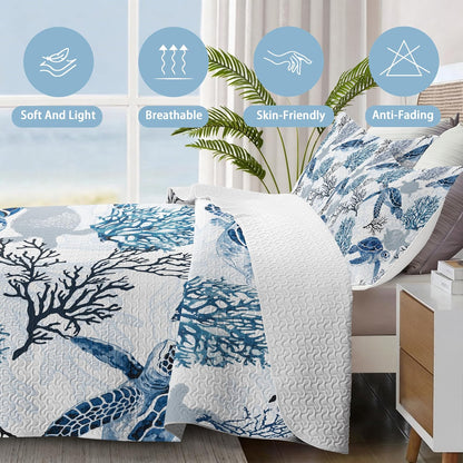 Coastal Bedding King Size Coastal Quilt with 2 Shams, Nautical Beach Comforter Sets Ocean Bedspreads Blue Seaturtle Coverlet Summer Bedding, 96''X106''