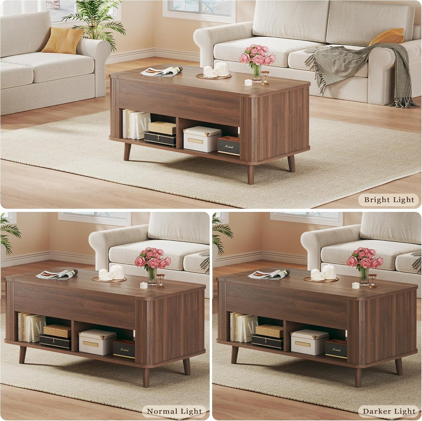 Lift Top Coffee Table with Storage, 41" Mid Century Modern Coffee Table with Fluted & Curved Profile Design, Hidden Storage Compartment, Lower Shelf Center Table for Living Room Office, Walnut