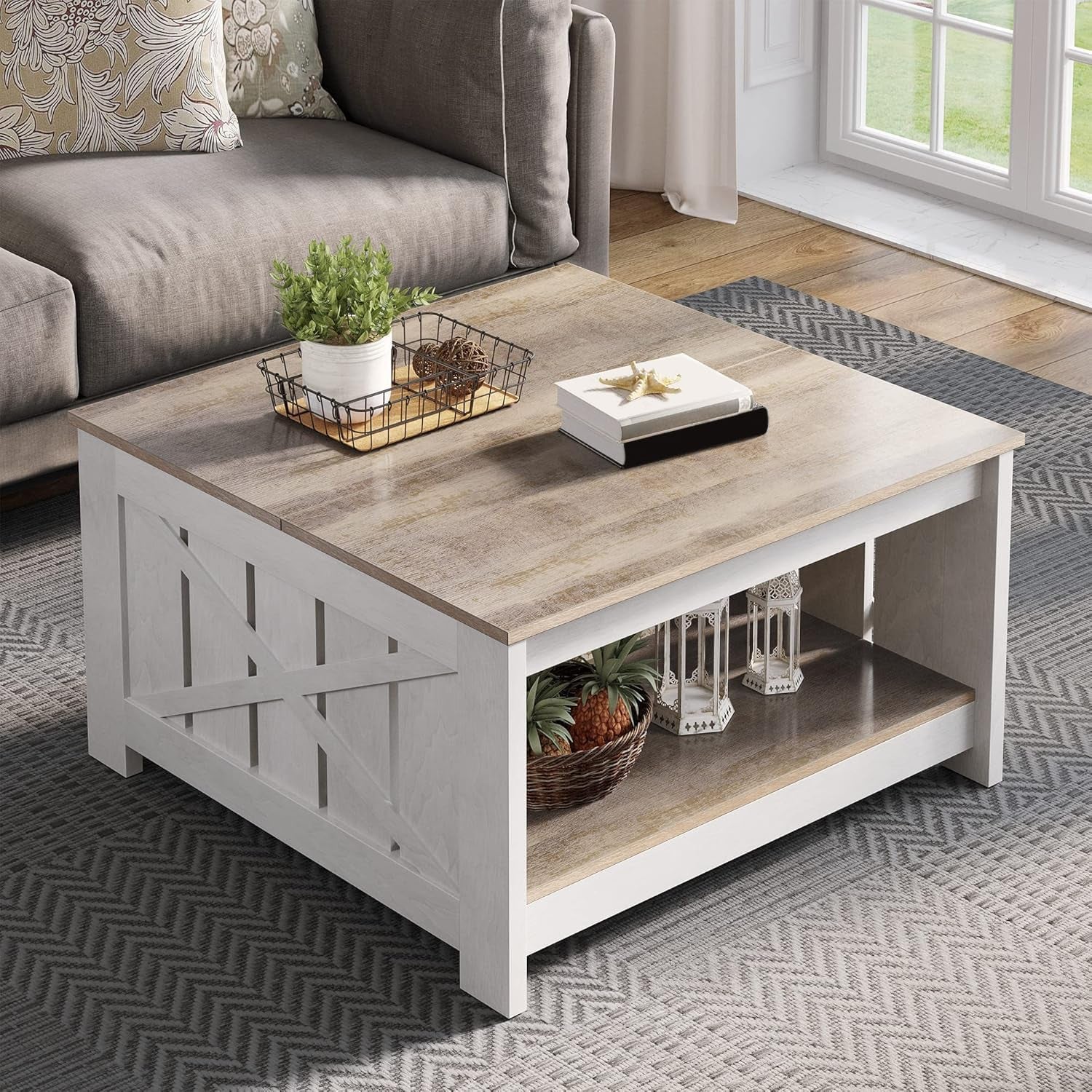 Coffee Table Farmhouse Coffee Table with Storage Rustic Wood Cocktail Table, Square Coffee Tables for Living Meeting Room with Half Open Storage Compartment, Grey Wash