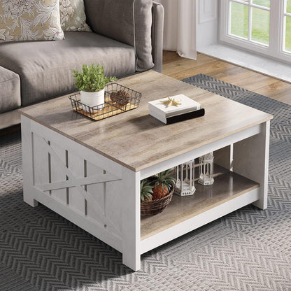 Coffee Table Farmhouse Coffee Table with Storage Rustic Wood Cocktail Table, Square Coffee Tables for Living Meeting Room with Half Open Storage Compartment, Grey Wash