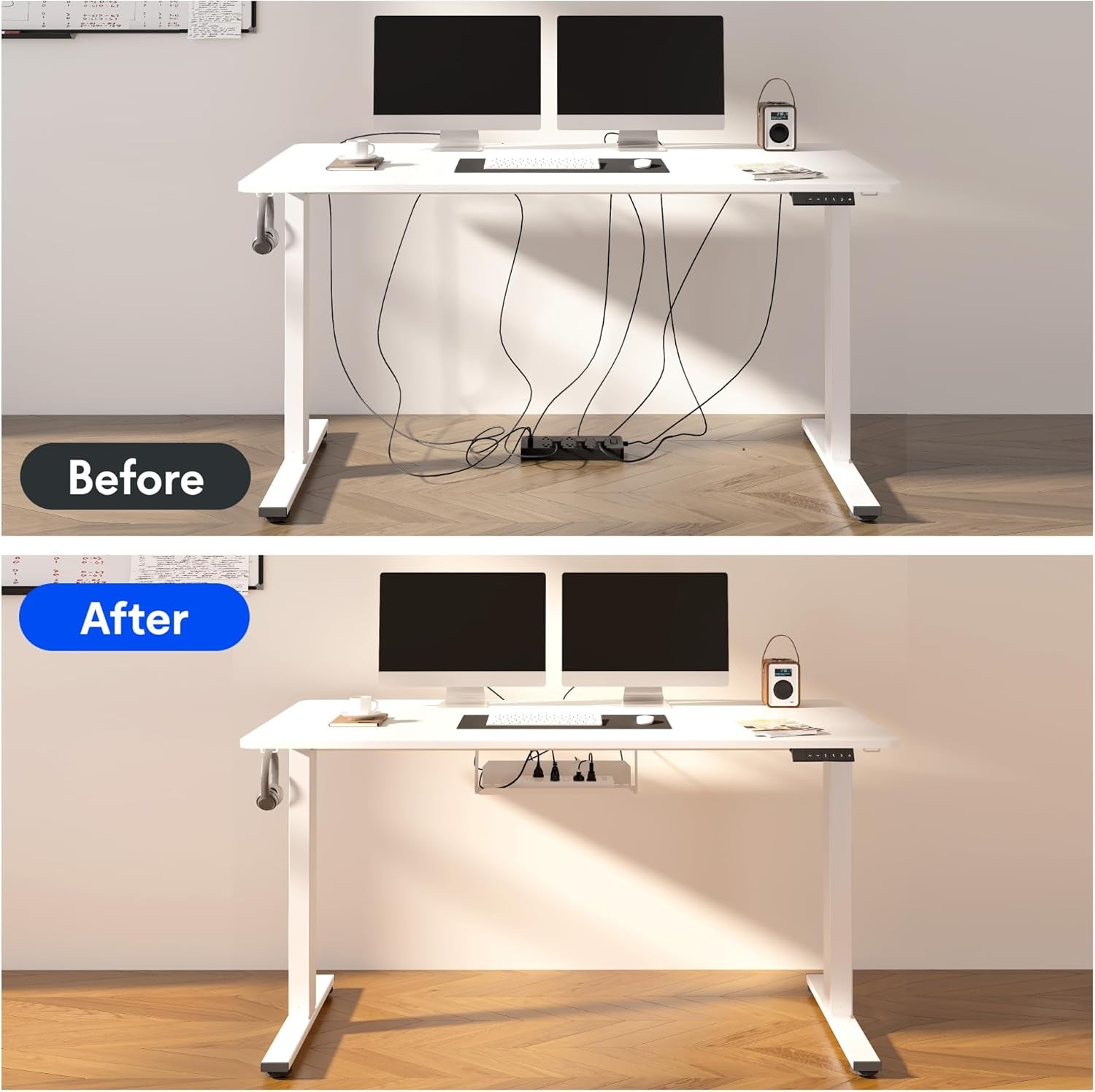 EN2 Whole-Piece Standing Desk with Clamp Power Strip, 55 X 28 Electric Stand up Height Adjustable Desk with Cable Management (White Frame + 55" White Wood Grain Desktop, 2 Packages)