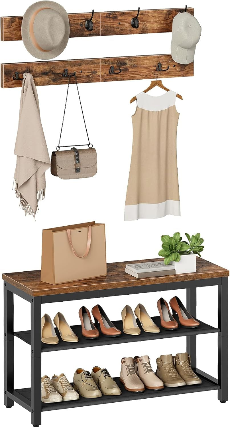 Hall Tree with Bench, Shoe Rack with Coat Rack, Entryway Bench with Coat Rack, Coat Rack with Shoe Storage, with 2 Oxford Fabric Shelves, Mud Room, Industrial, Rustic Brown and Black BF77MT01