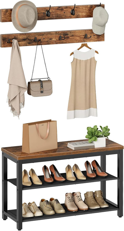 Hall Tree with Bench, Shoe Rack with Coat Rack, Entryway Bench with Coat Rack, Coat Rack with Shoe Storage, with 2 Oxford Fabric Shelves, Mud Room, Industrial, Rustic Brown and Black BF77MT01