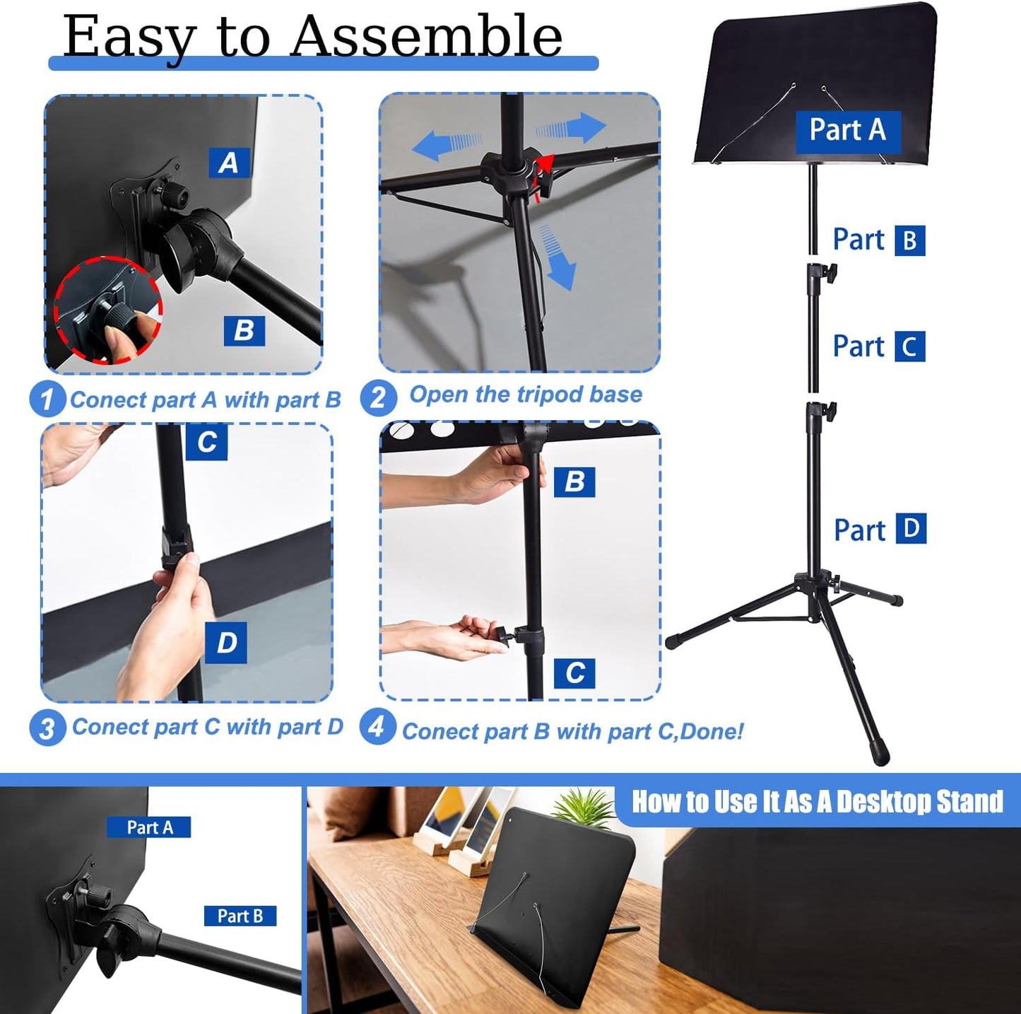 Sheet Music Stand with Light and Phone Holder, 57" Portable Music Stand for Sheet Music High Stability, Height Adjustable Music Stands with Carrying Bag(33-57Inch, Plate without Hole)
