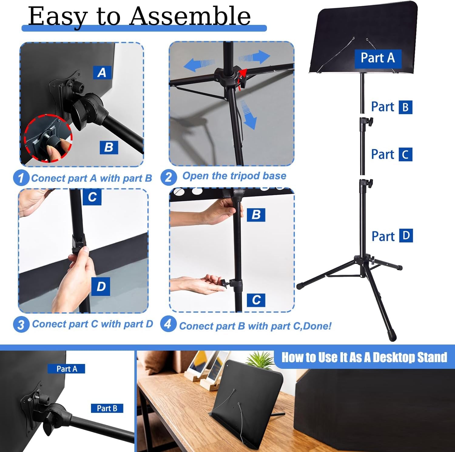 Sheet Music Stand with Light and Phone Holder, 57" Portable Music Stand for Sheet Music High Stability, Height Adjustable Music Stands with Carrying Bag(33-57Inch, Plate without Hole)