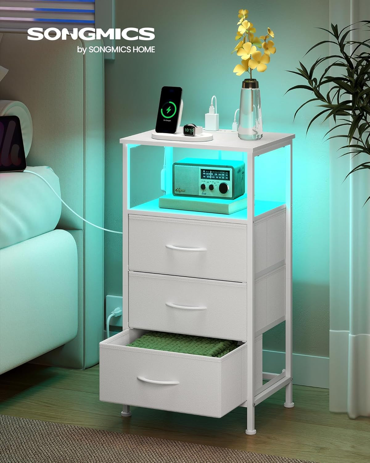 BELLAH Collection - Nightstand with Charging Station and App-Controlled Adjustable LED Lights, Bed Side Table, 3 Drawer and 1 Open Shelf, Bedroom, Cloud White and Snow White ULGS303WH01S