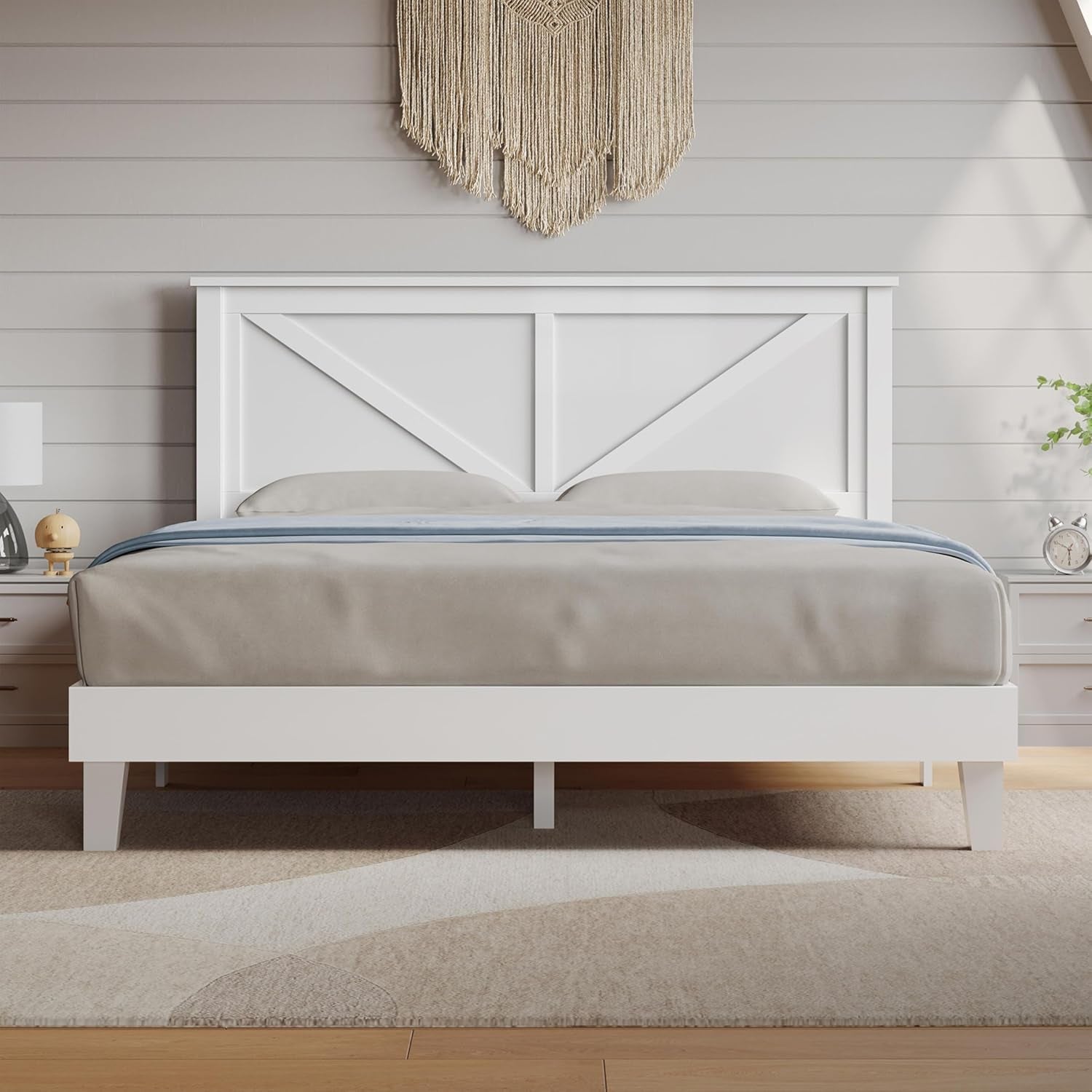 Wood Bed Queen, Farmhouse White Rubberwood Platform Bed Frame with V-Designed Headboard, Sturdy Wooden Support Slats, Holds up to 800 Pounds, Noise-Free, Easy Assembly