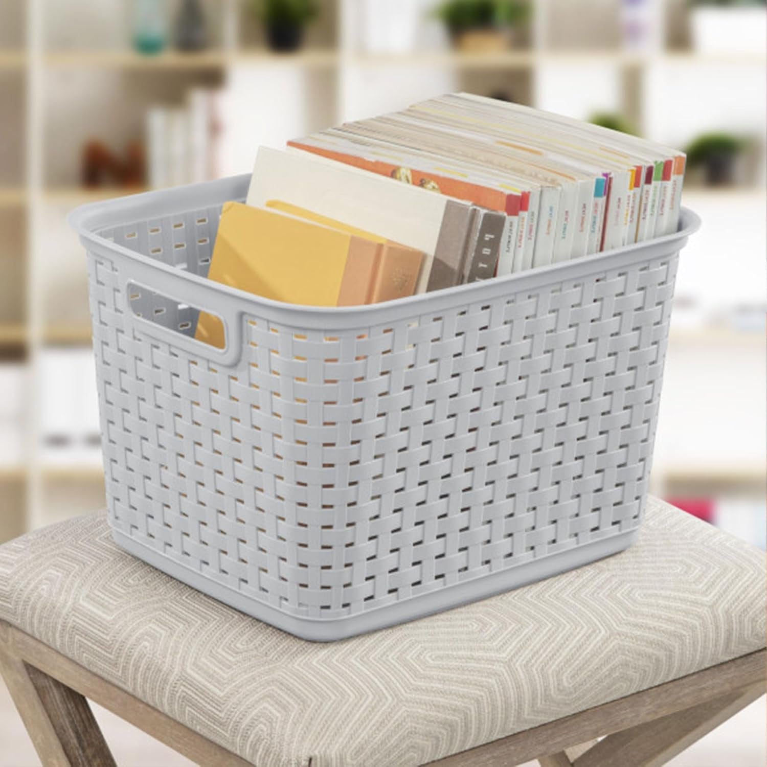 6-Pack Tall Weave Basket, Woven Plastic Storage Baskets for Organization, Cement Gray - Organizing Bin Containers with Handles for Bedroom, Bathroom, Dorm, Laundry Room, and Closet