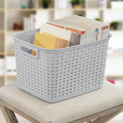 6-Pack Tall Weave Basket, Woven Plastic Storage Baskets for Organization, Cement Gray - Organizing Bin Containers with Handles for Bedroom, Bathroom, Dorm, Laundry Room, and Closet