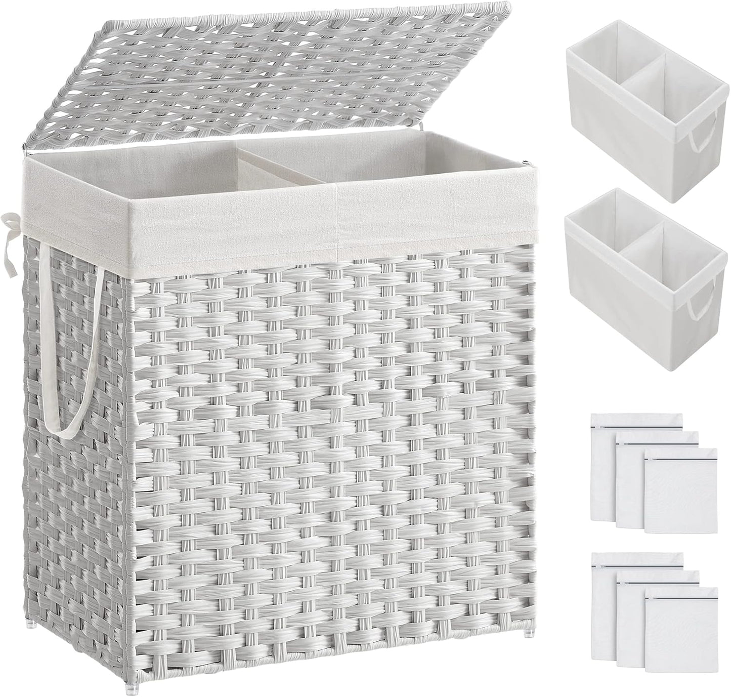 Laundry Hamper with Lid, 90L Clothes Hamper with 2 Removable Liner Bags, 6 Mesh Bags, Wicker Laundry Basket, Double Laundry Hamper for Bathroom, 13 X 18.1 X 23.6 Inches, Natural ULCB251N01V1