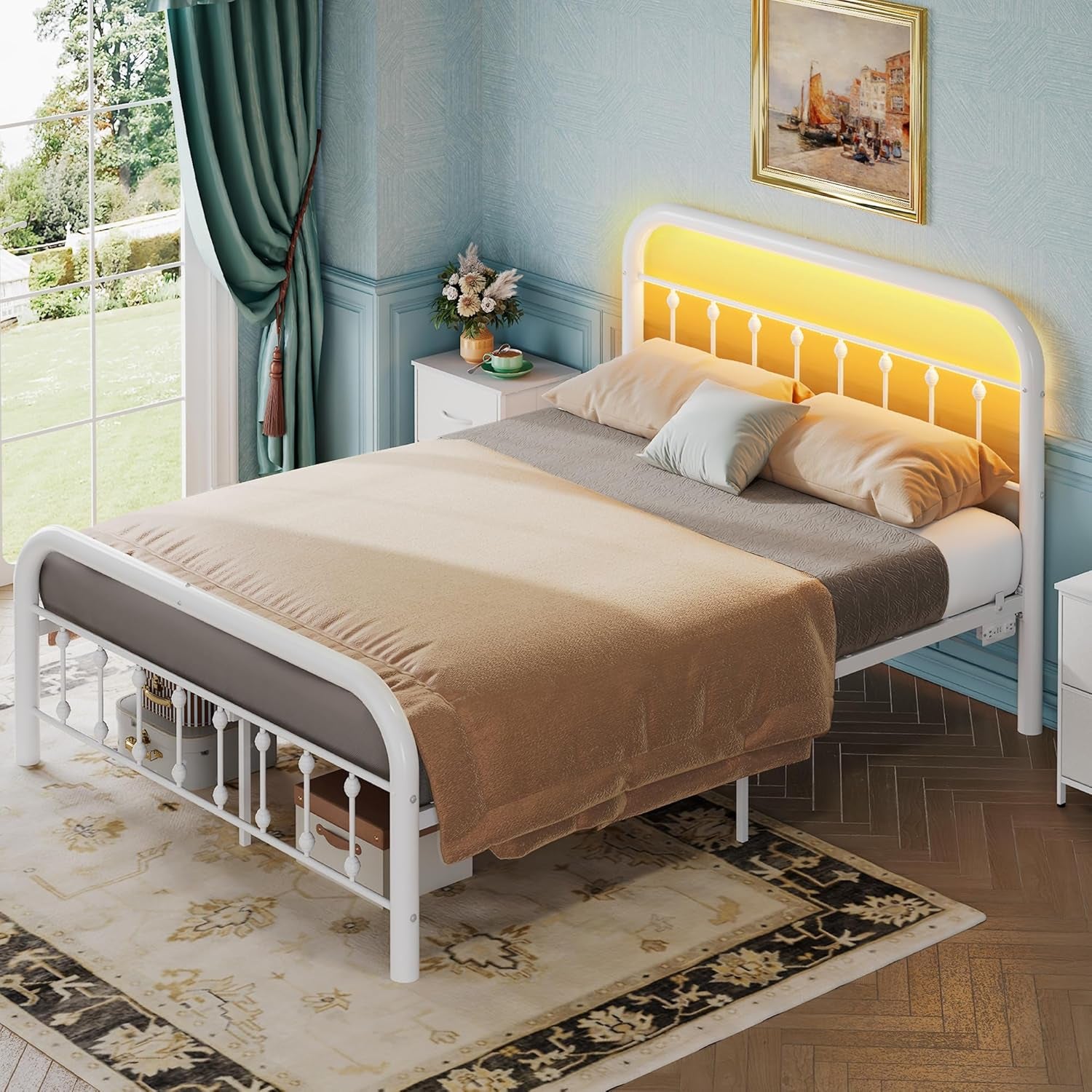 Queen Bed Frames,Queen Bed Frame with Headboard, Queen Size Bed Frame with LED Lights and Charging Station,No Box Spring Required,Easy Assembly,White