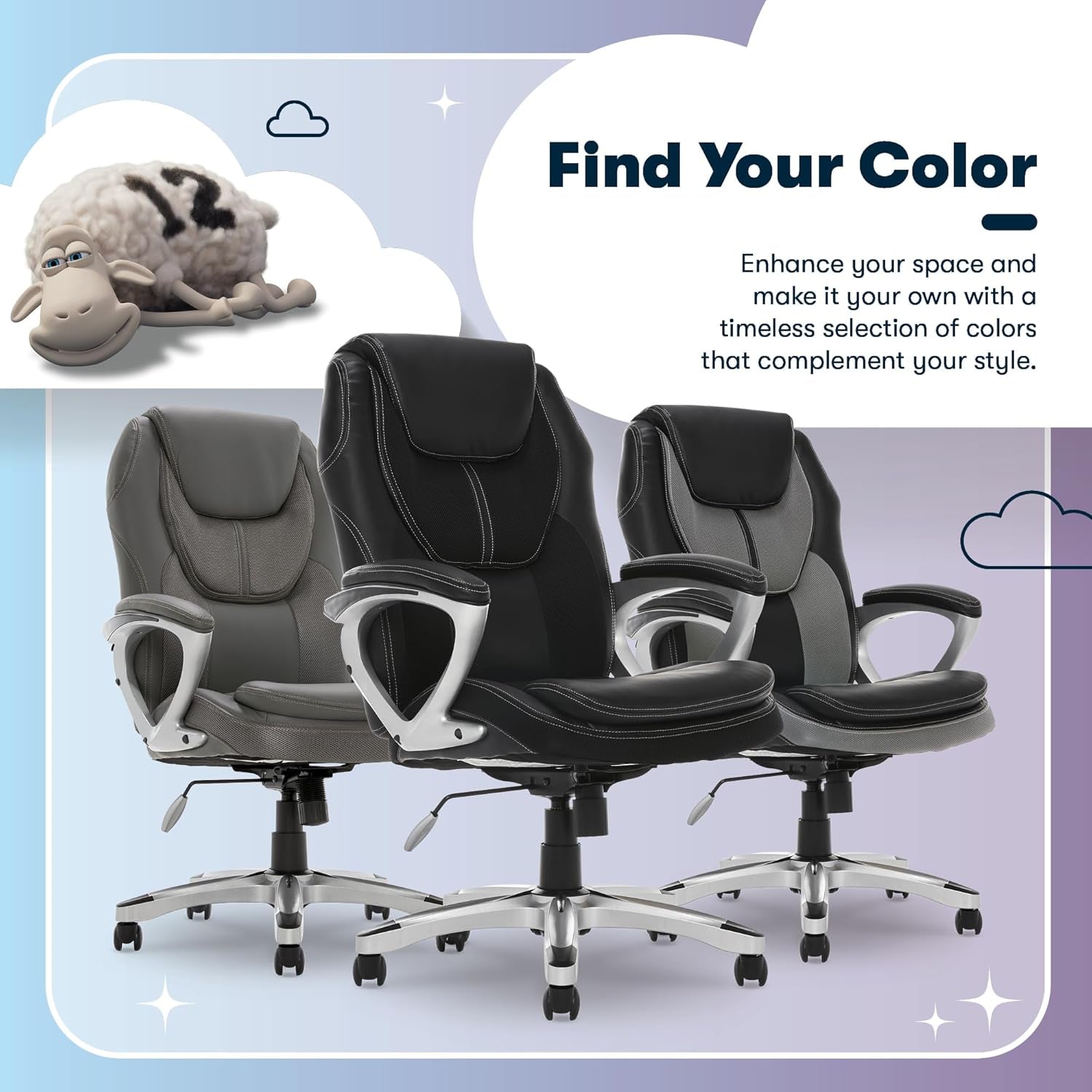 Amplify Executive Office Padded Arms, Adjustable Ergonomic Gaming Desk Chair with Lumbar Support, Faux Leather and Mesh, Black