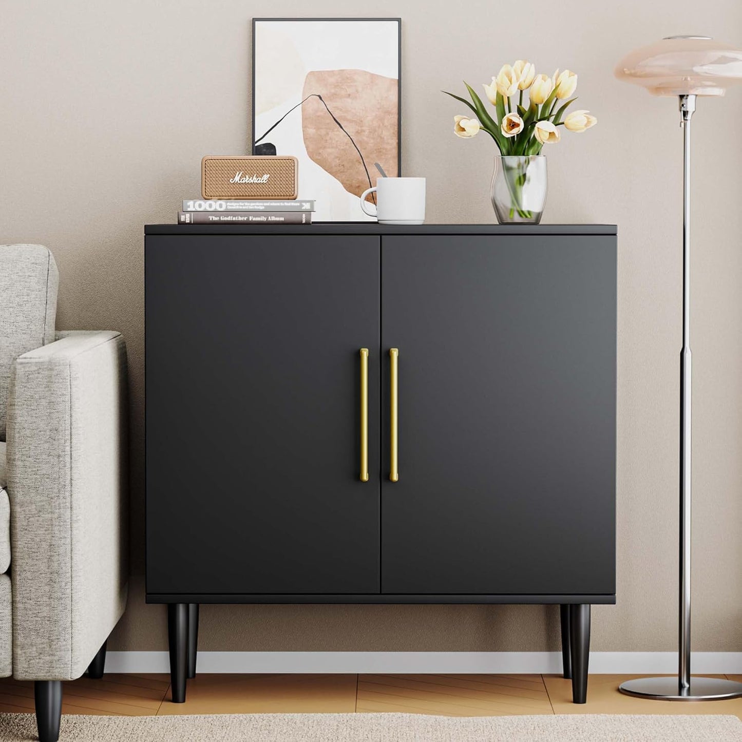 Black Buffet Cabinet, Free Standing Sideboard with Storage, Wood Accent Cabinet with Doors,Modern Credenza, Sideboard Storage Cabinet for Living Room, Dining Room(1, Black & Gold)