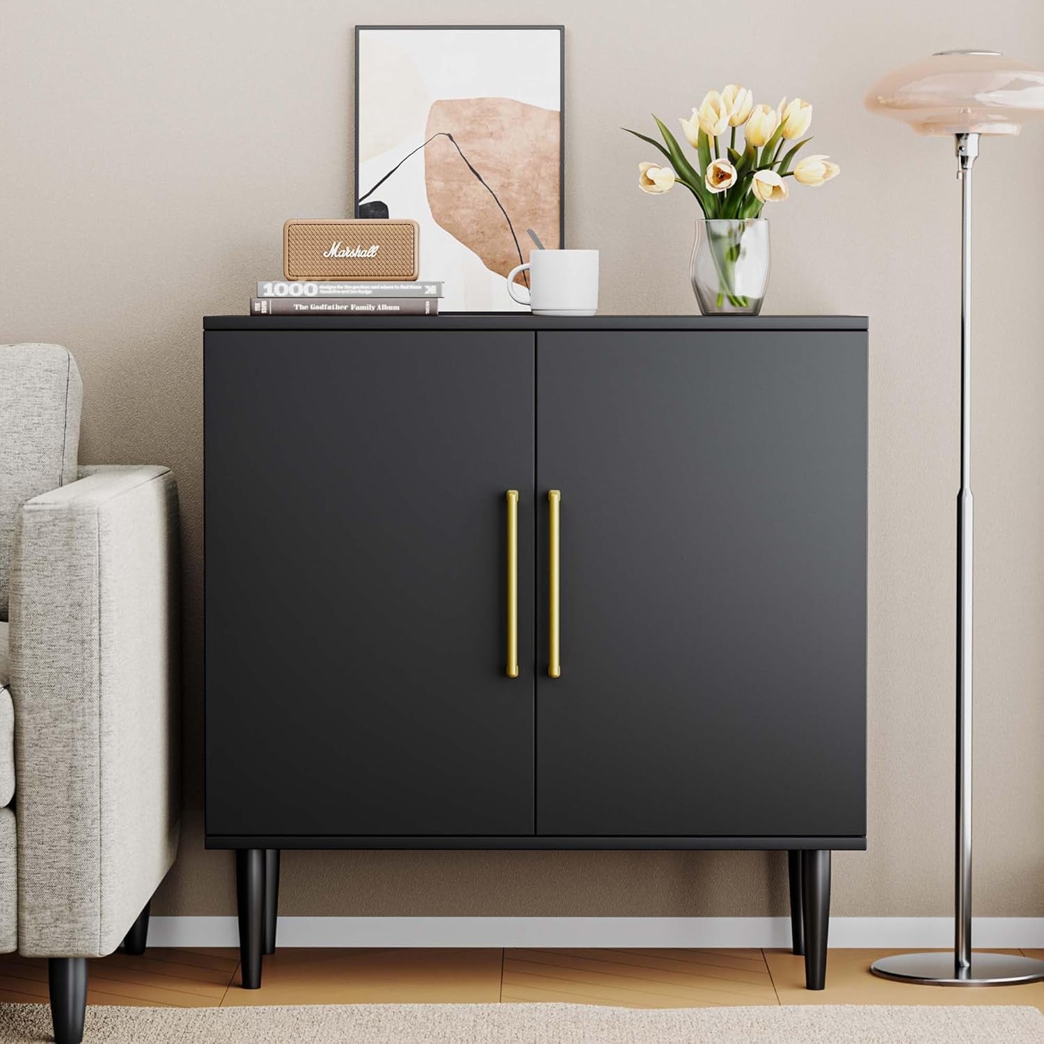 Black Buffet Cabinet, Free Standing Sideboard with Storage, Wood Accent Cabinet with Doors,Modern Credenza, Sideboard Storage Cabinet for Living Room, Dining Room(1, Black & Gold)