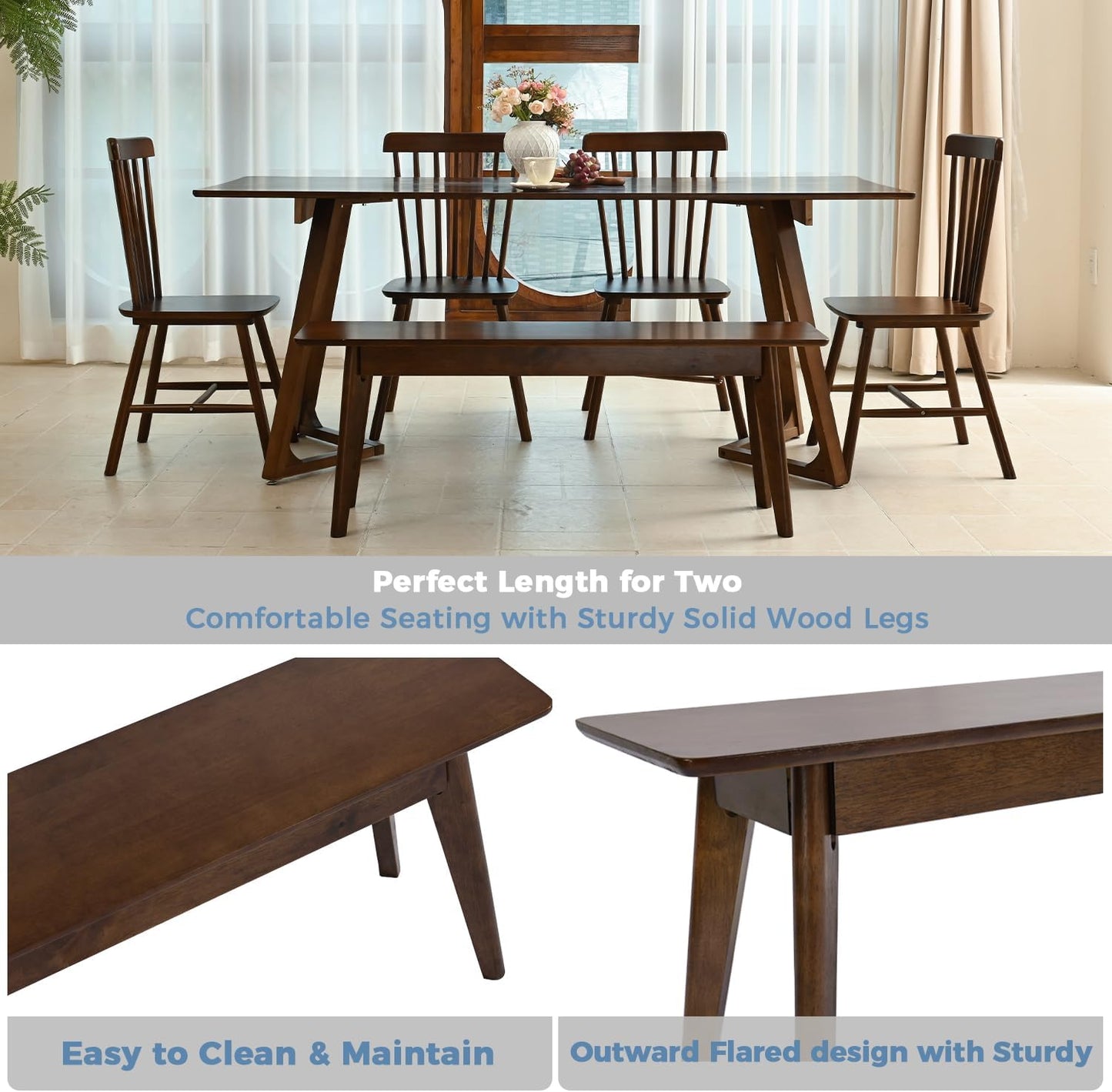 47 Inch Solid Wood Dining Bench, Table Bench for Bedroom, Midcentury Wooden Bench for Kitchen, Long Entryway Bench for Living Room, Walnut