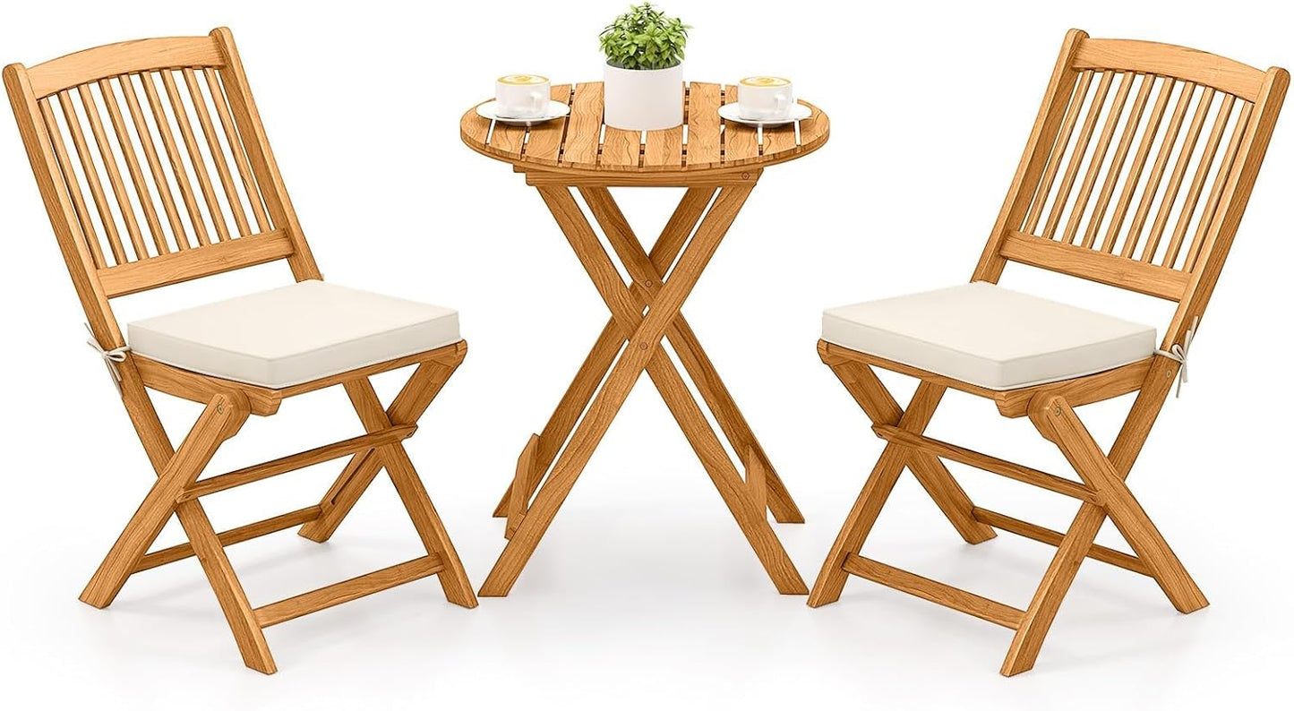 3 Pieces Acacia Wood Patio Folding Bistro Set, Outdoor Table and Chairs Set with Soft Cushions, Patio Furniture Set for Porch, Balcony, Garden, Deck and Backyard