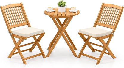3 Pieces Acacia Wood Patio Folding Bistro Set, Outdoor Table and Chairs Set with Soft Cushions, Patio Furniture Set for Porch, Balcony, Garden, Deck and Backyard