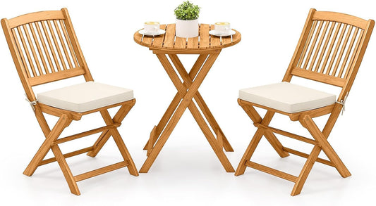 3 Pieces Acacia Wood Patio Folding Bistro Set, Outdoor Table and Chairs Set with Soft Cushions, Patio Furniture Set for Porch, Balcony, Garden, Deck and Backyard