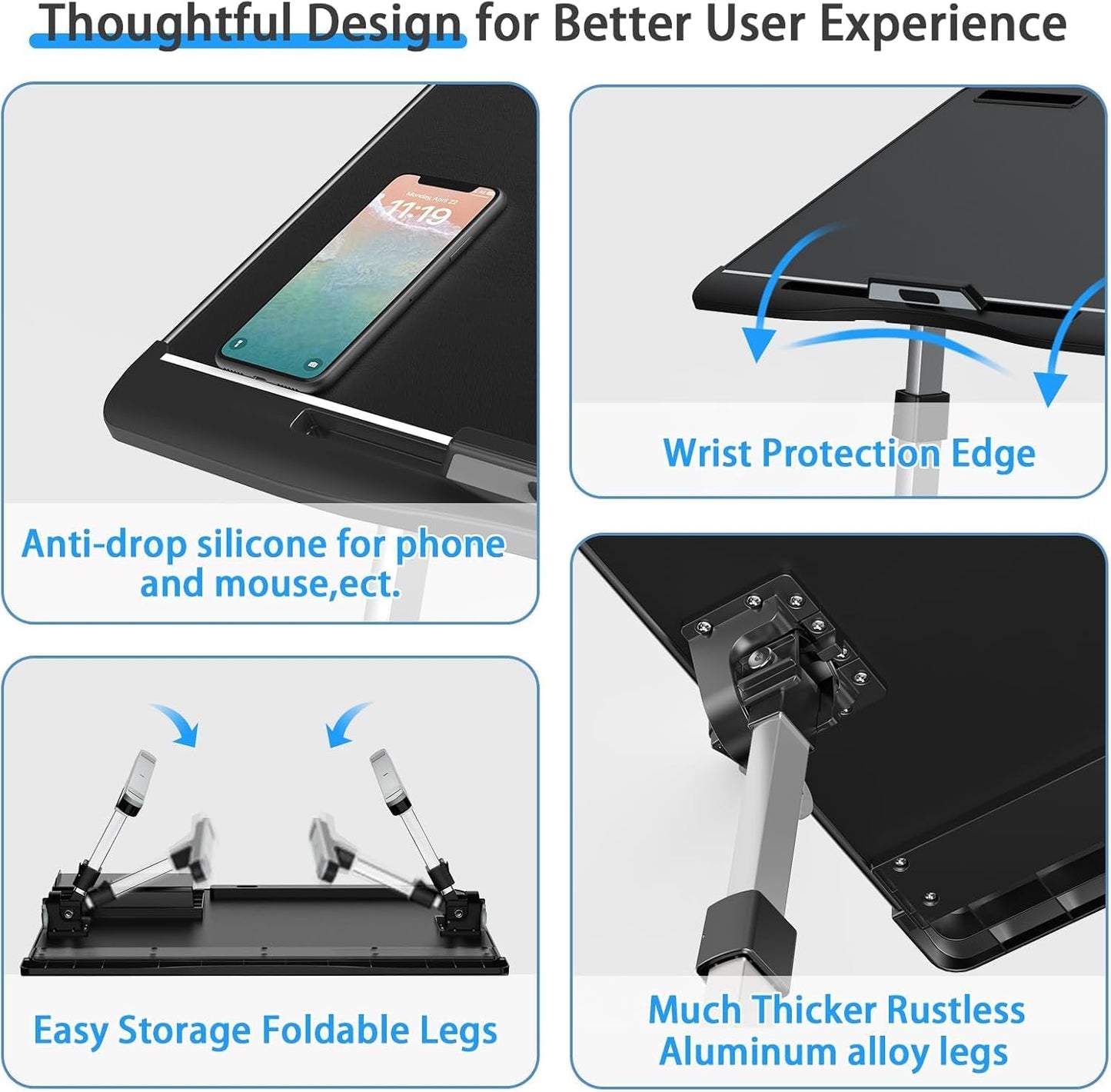 Laptop Bed Desk, X-Large Leather Adjustable Computer Bed Table Tray, Foldable Laptop Lap Desk for Bed Sofa Couch Floor Writing Eating Working with Drawer 2 Movable Stoppers (23.6 Inch, Black)