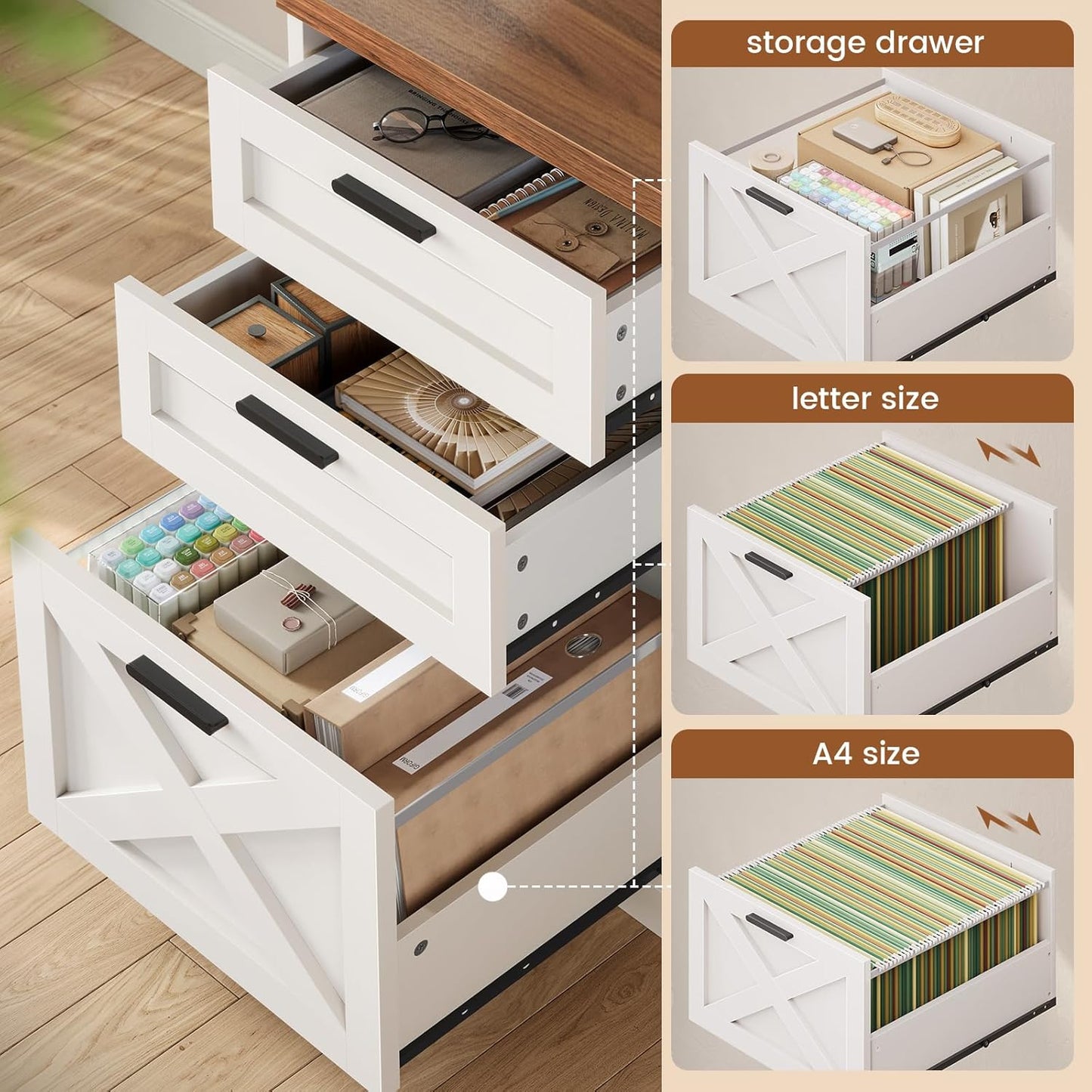 55.1" Farmhouse Office Desk with 3 Drawers, Executive Desk with File Drawer & Storage Shelves, Computer Desk with Power Outlet for Home Office, White and Brown