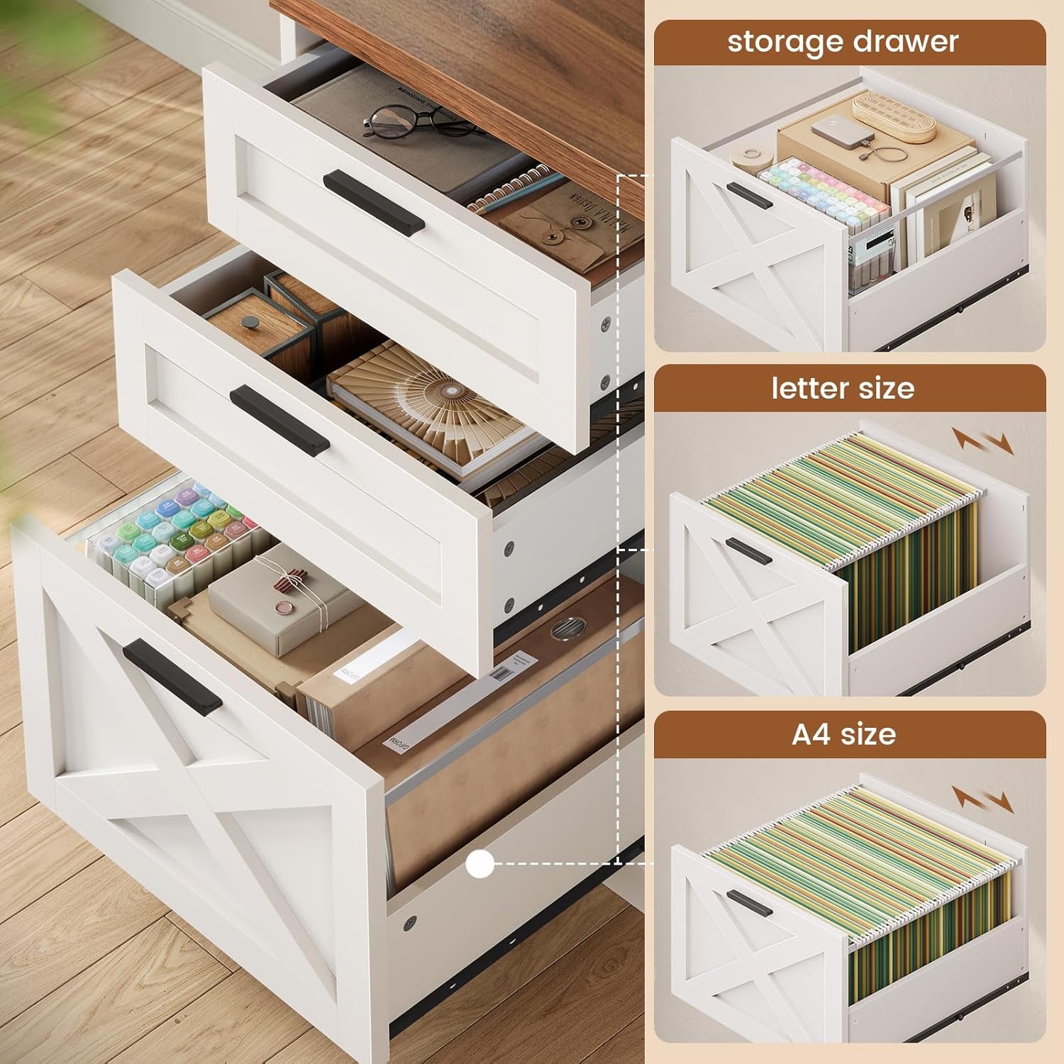55.1" Farmhouse Office Desk with 3 Drawers, Executive Desk with File Drawer & Storage Shelves, Computer Desk with Power Outlet for Home Office, White and Brown