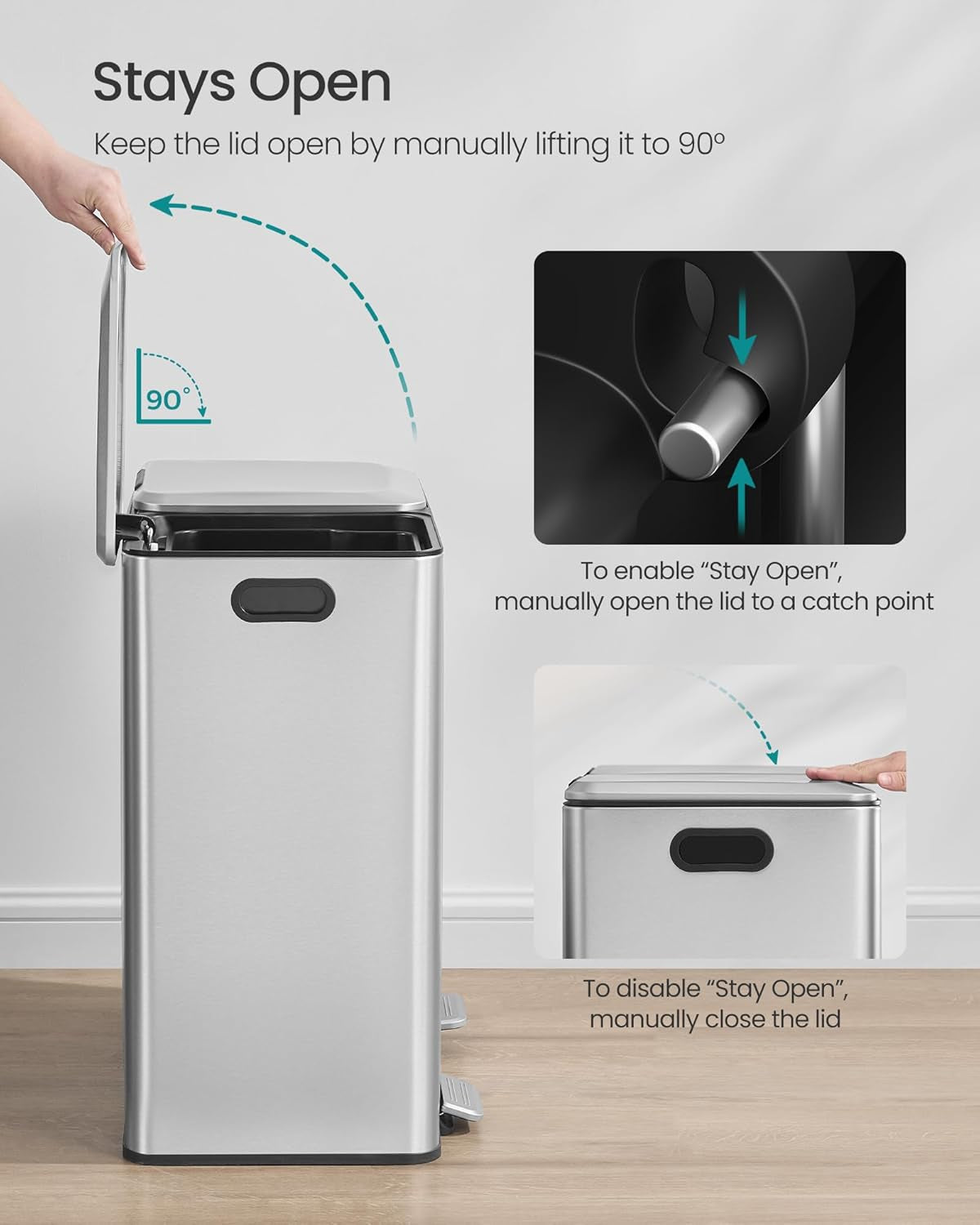 Trash Can, 2 X 8 Gallon (2 X 30 L) Double Garbage Can with Soft-Close Lids, Removable Inner Buckets, Pedals, Stainless Steel, for Waste and Recycling, Metallic Silver ULTB743E01