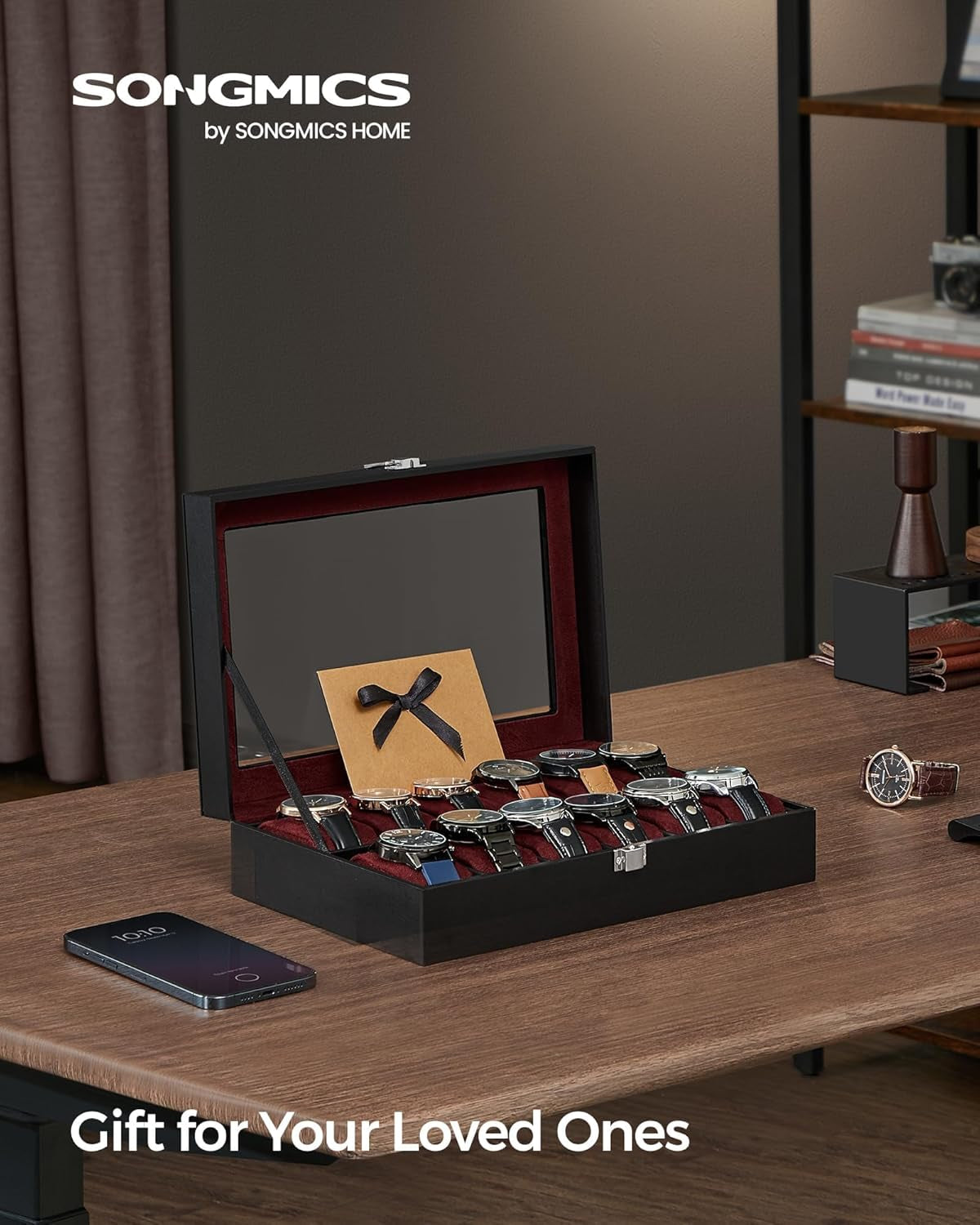 Watch Box, 12-Slot Watch Case with Large Glass Lid, Removable Watch Pillows, Watch Box Organizer, Gift for Loved Ones, Black Synthetic Leather, Wine Red Lining UJWB120R01