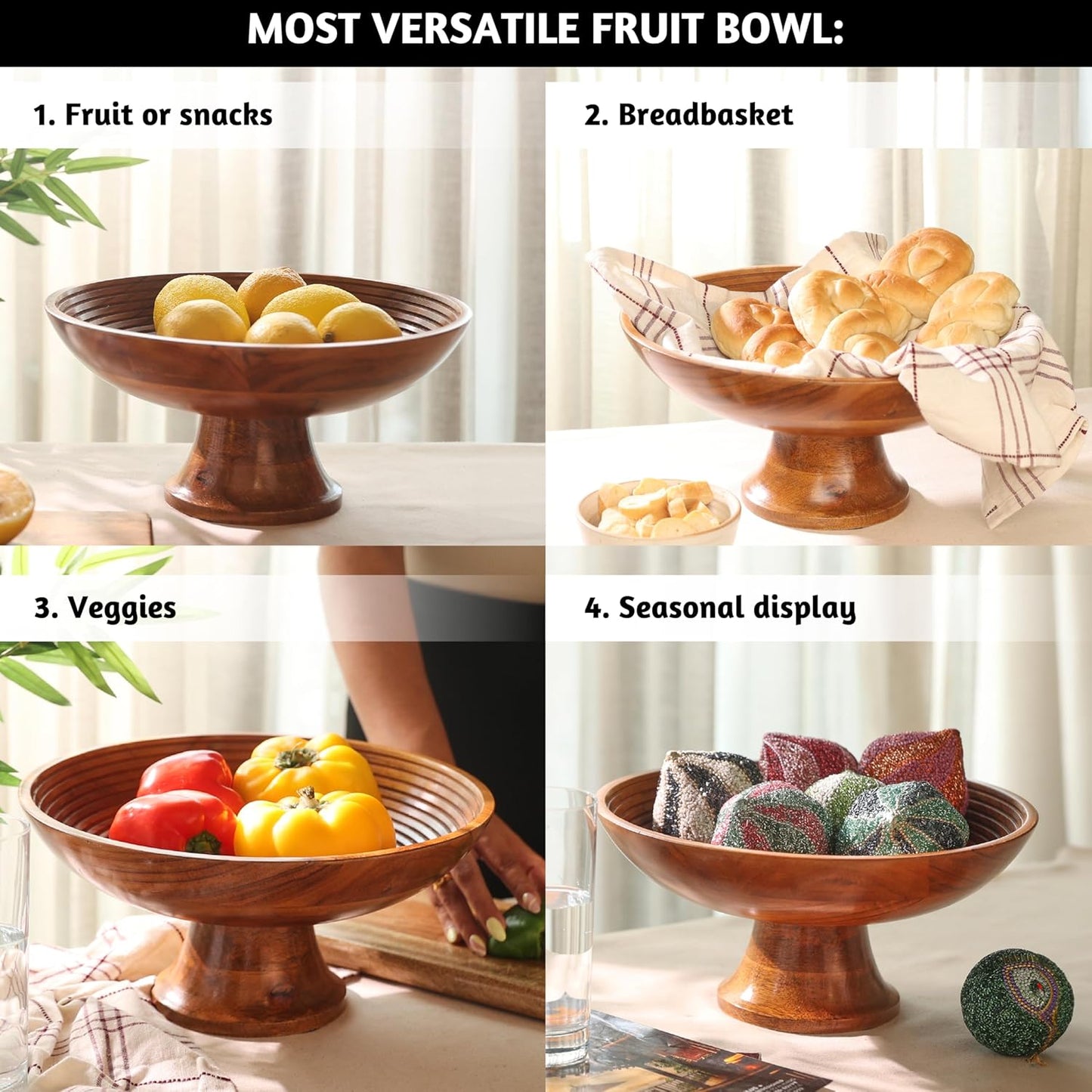 Wooden Fruit Bowl for Kitchen Counter | 12" Large Premium Eco Friendly Banana Fruit Basket for Kitchen | Acacia Wood Bowl with Holder, Pedestal for Table Decor, Centerpiece for Dining Table