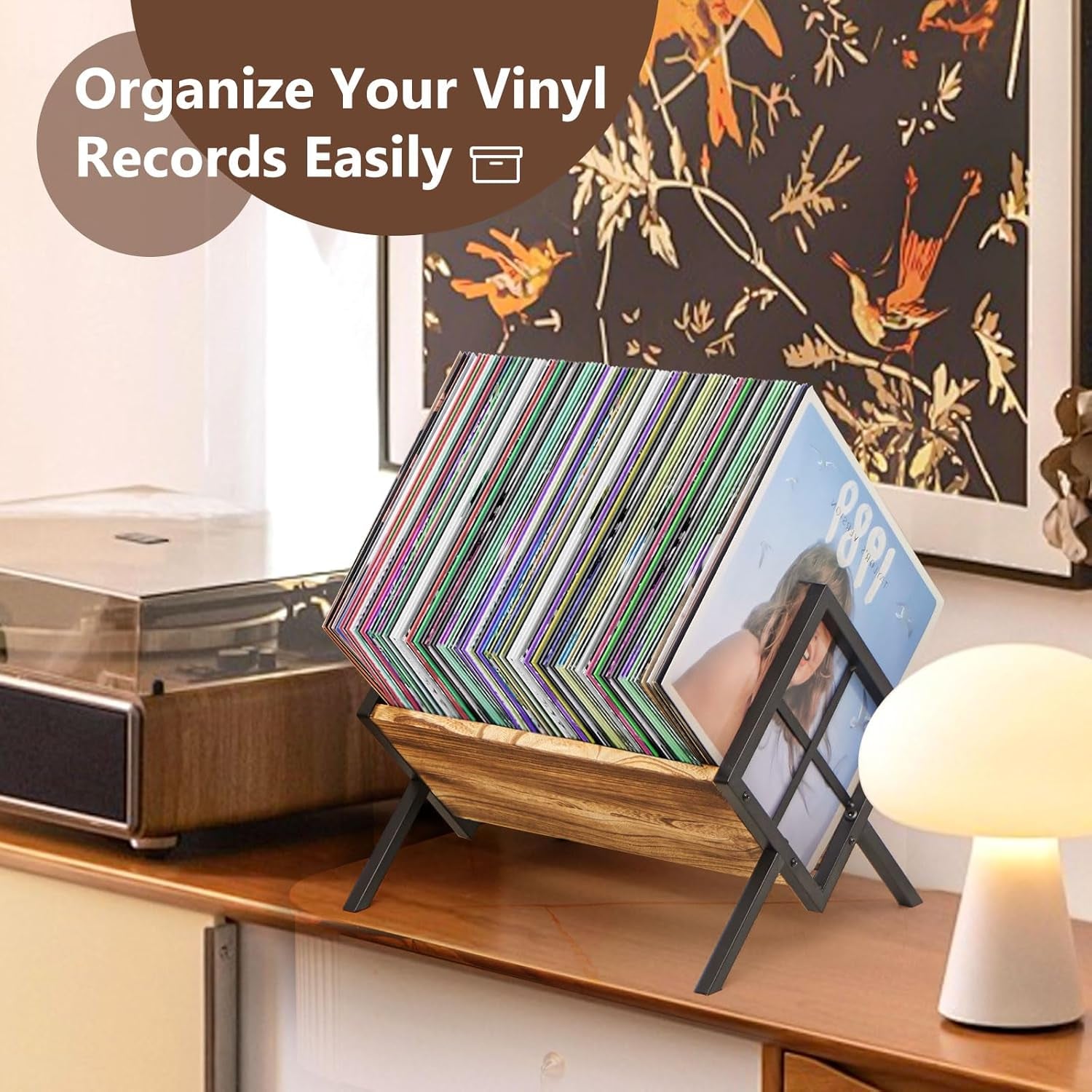 Vinyl Record Holder,Wooden and Heavy-Duty Steel Vinyl Record Storage Rack for 80-100 Lp,Albums,Magazine, Book, Files.Retro Style Record Display (Fire-Burnt Retro)