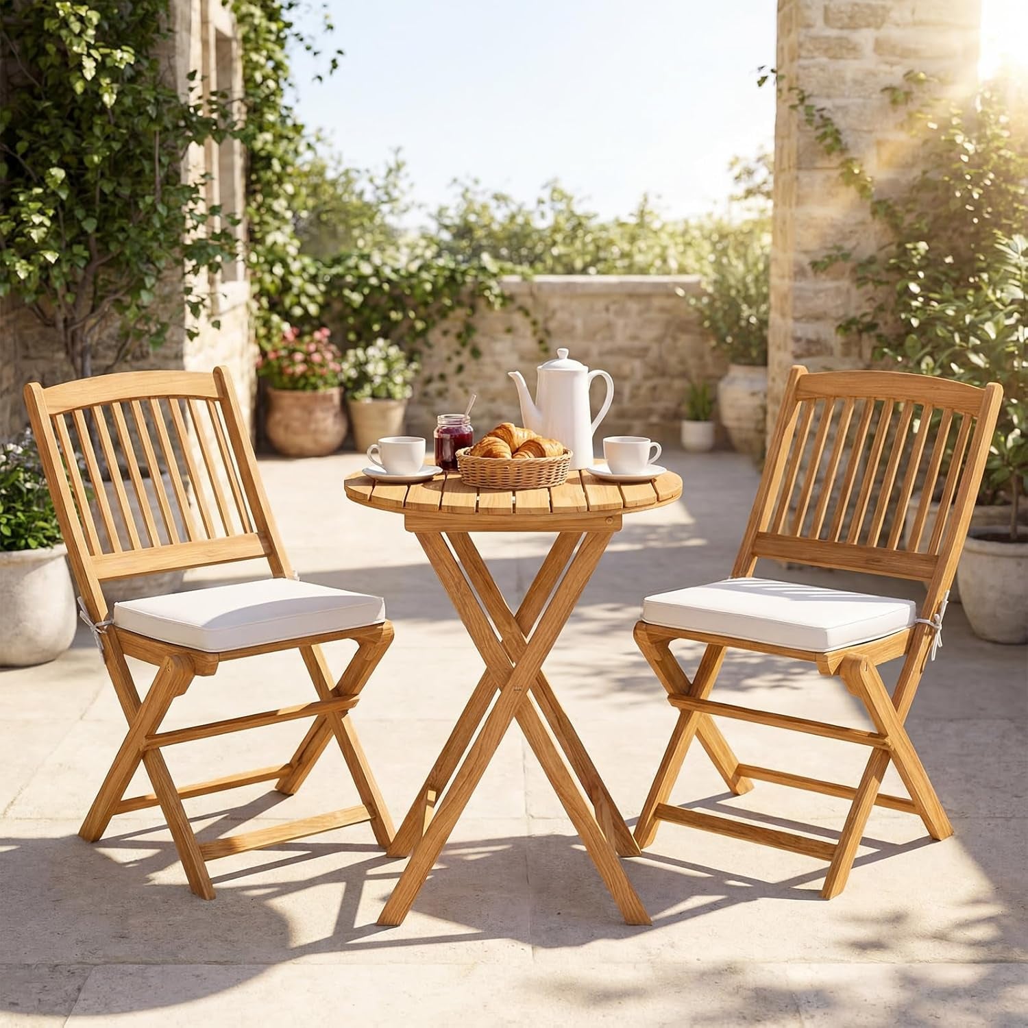 3Pcs Patio Bistro Set, Wood Folding Table Set, 2 Cushioned Chairs for Garden Yard, Outdoor Furniture round Table (Natural & Beige)