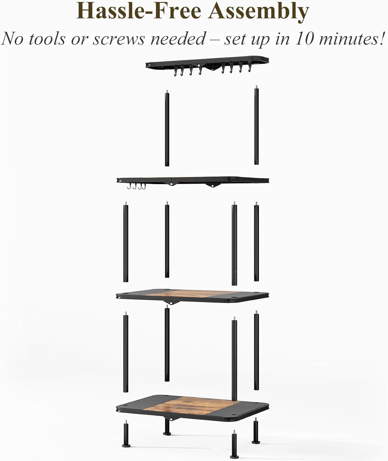 Kitchen Bakers Rack with Power Outlet - Easy & Tool-Free Assembly, Adjustable Coffee Bar Station 4 Tiers, Microwave Stand with 12 Hooks, Brown