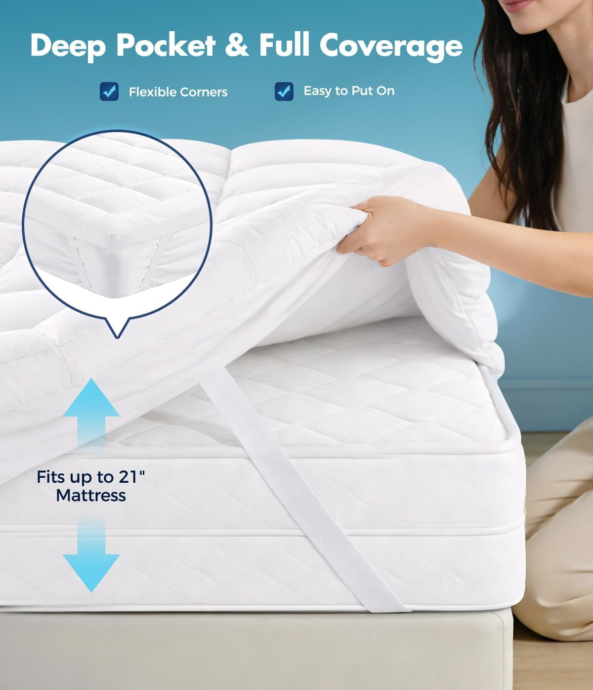 Queen Size Mattress Topper 1 Inch, Plush Polyester Fiber Bed Topper for Soft Support & Pain Relief, 4 Elastic Corner Straps, White