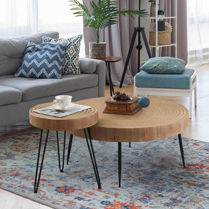 Farmhouse round Coffee Table Set of 2, Cocktail Table Set, Modern Circle Natural Wood Finsh Side and End Table Sets for Living Room(Helical, Natural)