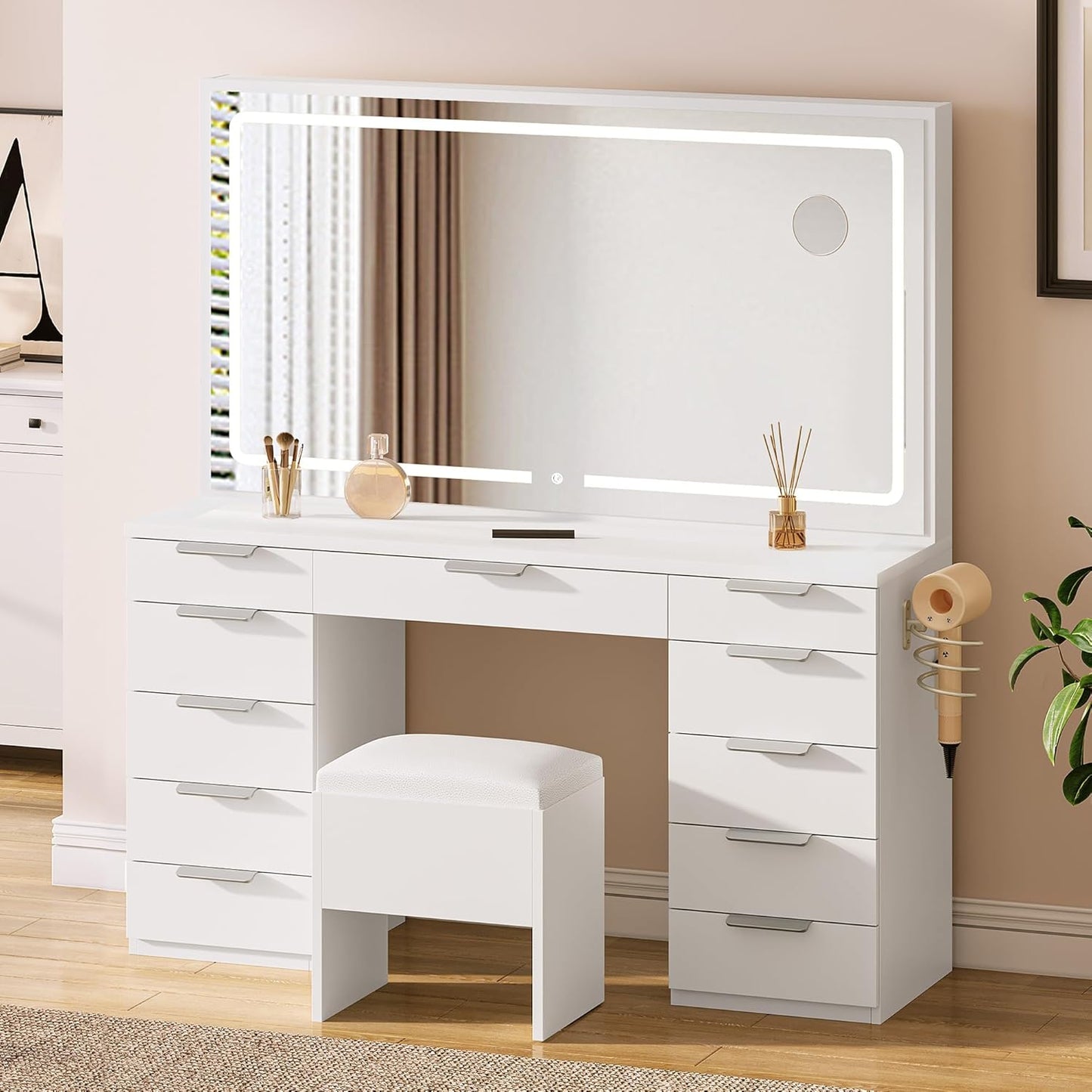 Makeup Vanity with Large Mirror and Lights, 46" Vanity Desk Dressing Table Set with 11 Drawers & Storage Stool, Dressing Table with Power Outlet and Magnifying Glass, Dressing Room, White