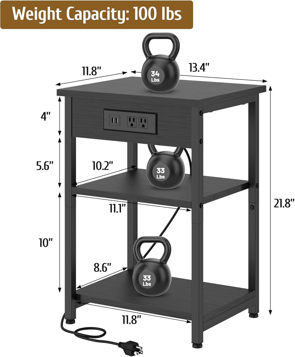 End Tables with Charging Station USB Ports, 3 Tier Tall Night Stand with Storage Shelves,Narrow Side Table for Small Space Living Room Bedroom Office, Record Player Stand, Black