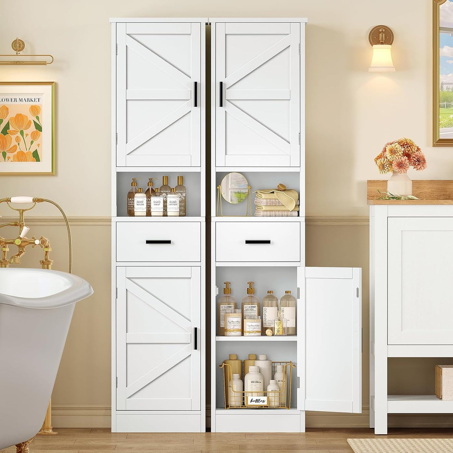 Tall Bathroom Storage Cabinet with Barn Doors, Narrow Bathroom Cabinet with Drawer, Narrow Storage Unit, Adjustable Shelves, Floor Cabinets for Living Room, Entryway, Kitchen, White