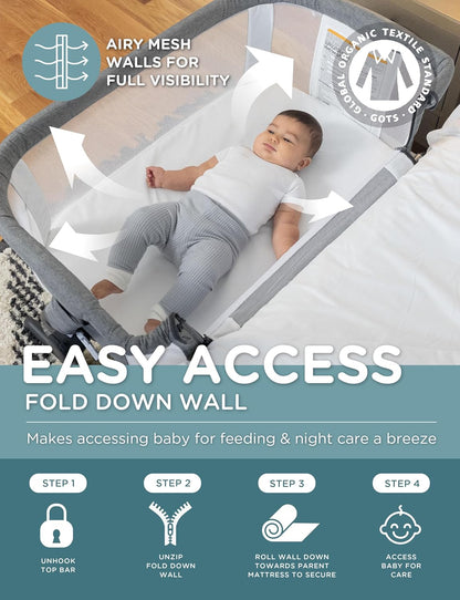 beside Me Dreamer Bassinet | Bedside Sleeper | 6-Position Height Adjustment | Charcoal Tweed