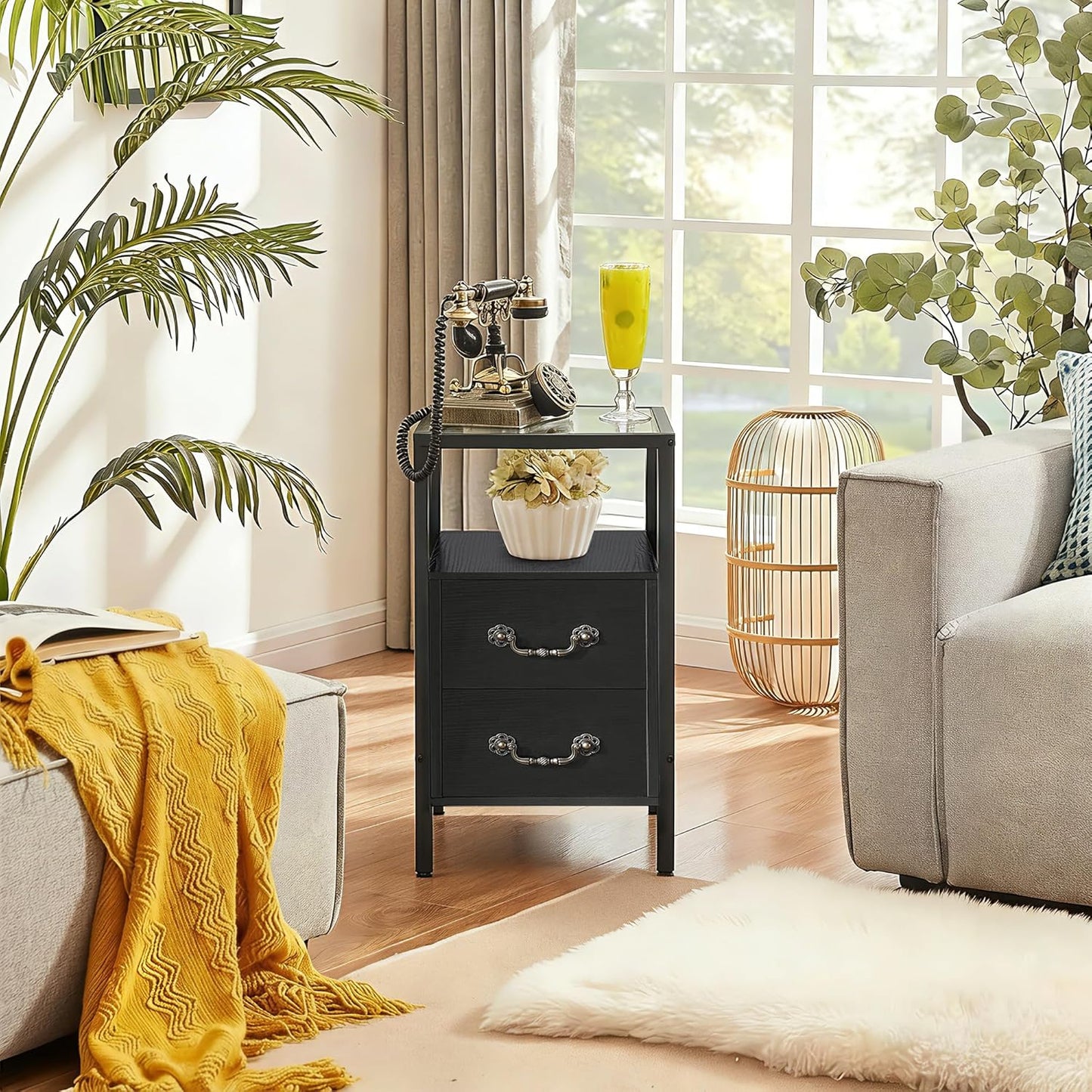 Narrow Side Table, Night Stand Sofa Table with Glass Top,Bedside End Tables with Storage Drawers,Wood Nightstand for Small Spaces Living Room Bedroom,Black