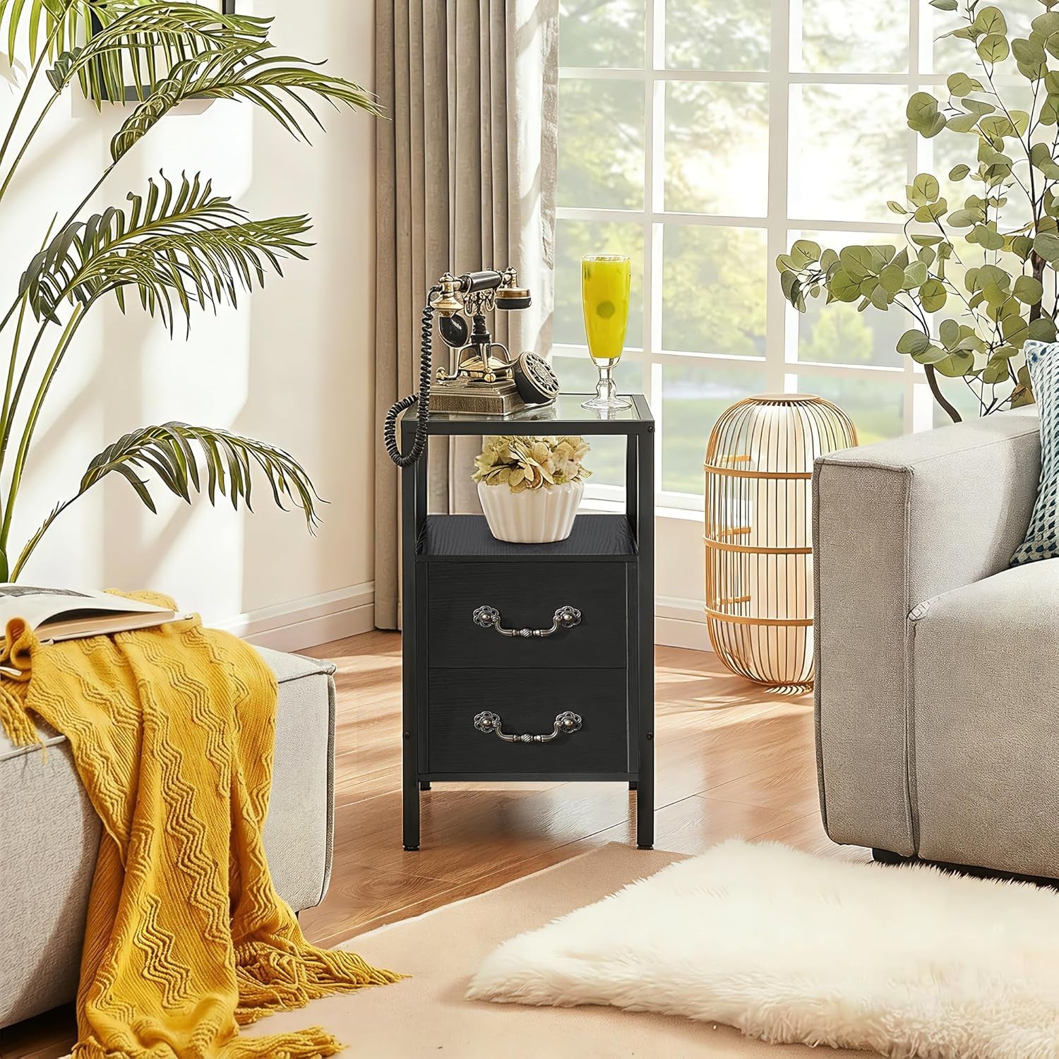 Narrow Side Table, Night Stand Sofa Table with Glass Top,Bedside End Tables with Storage Drawers,Wood Nightstand for Small Spaces Living Room Bedroom,Black