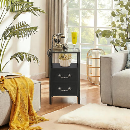 Narrow Side Table, Night Stand Sofa Table with Glass Top,Bedside End Tables with Storage Drawers,Wood Nightstand for Small Spaces Living Room Bedroom,Black