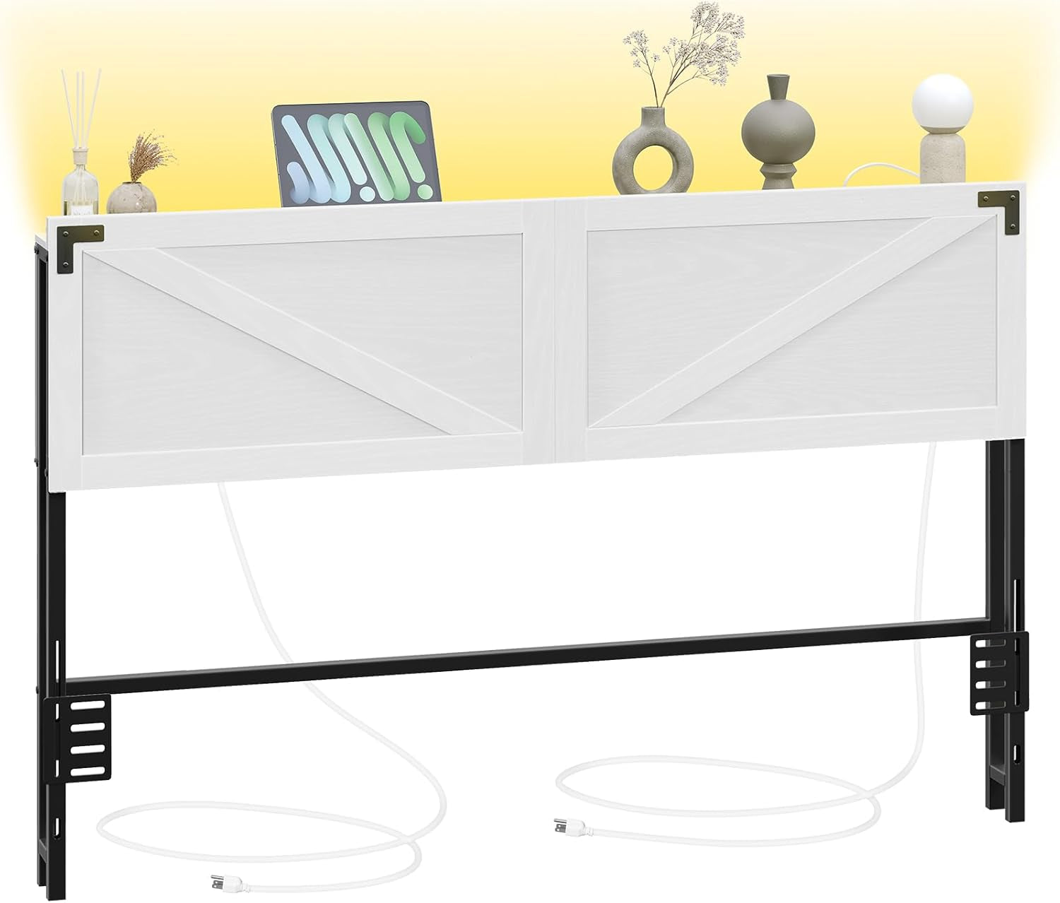Queen Size Headboard Only, Headboard with 2 Outlets and 4 USB Ports, Farmhouse Headboard, with LED Lights, Secure Storage with Raised Fence, with Bed Frame Adapter, White and Black