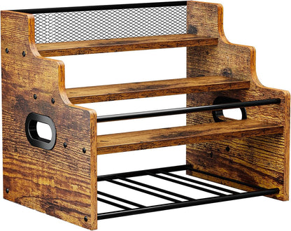 4-Tier Wood Display Shelf, Black Modern Bottle Organizer, Countertop Bar Stand for Liquor, Coffee Syrup, (Brown)