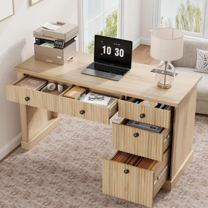 Fluted Home Office Desk Storage, 54 in Modern Executive Desk with Charging Station, Wooden Computer Writing Desk with File Cabinet & Drawers for Study, Living Room, Bedroom-Burlywood