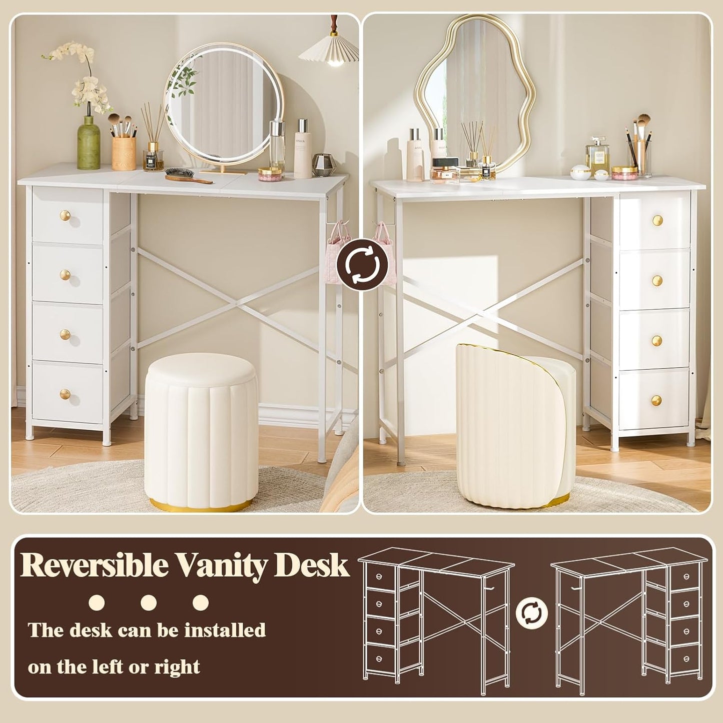 Vanity Desk No Mirror, Small Makeup Vanity with 4 Fabric Drawers, White Dressing Table for Small Spaces, 35.4 Inches Girls Makeup Table Bedroom