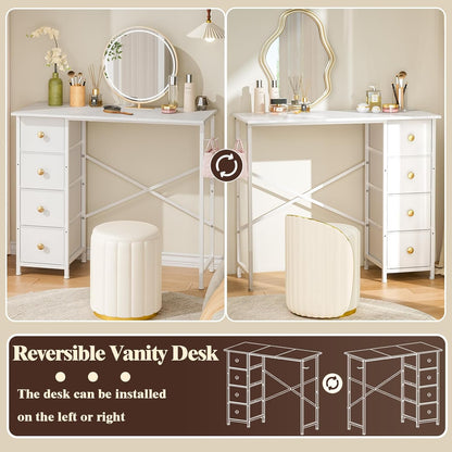 Vanity Desk No Mirror, Small Makeup Vanity with 4 Fabric Drawers, White Dressing Table for Small Spaces, 35.4 Inches Girls Makeup Table Bedroom