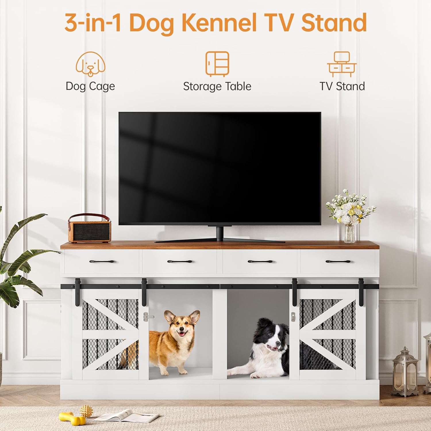 Dog Crate with Hidden Feeder Bowl & 3 Storage Drawers - 47.2" Wooden Dog Cage Indoor with Adjustable Shelf, 2 Doors Dog Kennel Furniture for Medium & Small Dogs, Multi-Functional Pet End Table